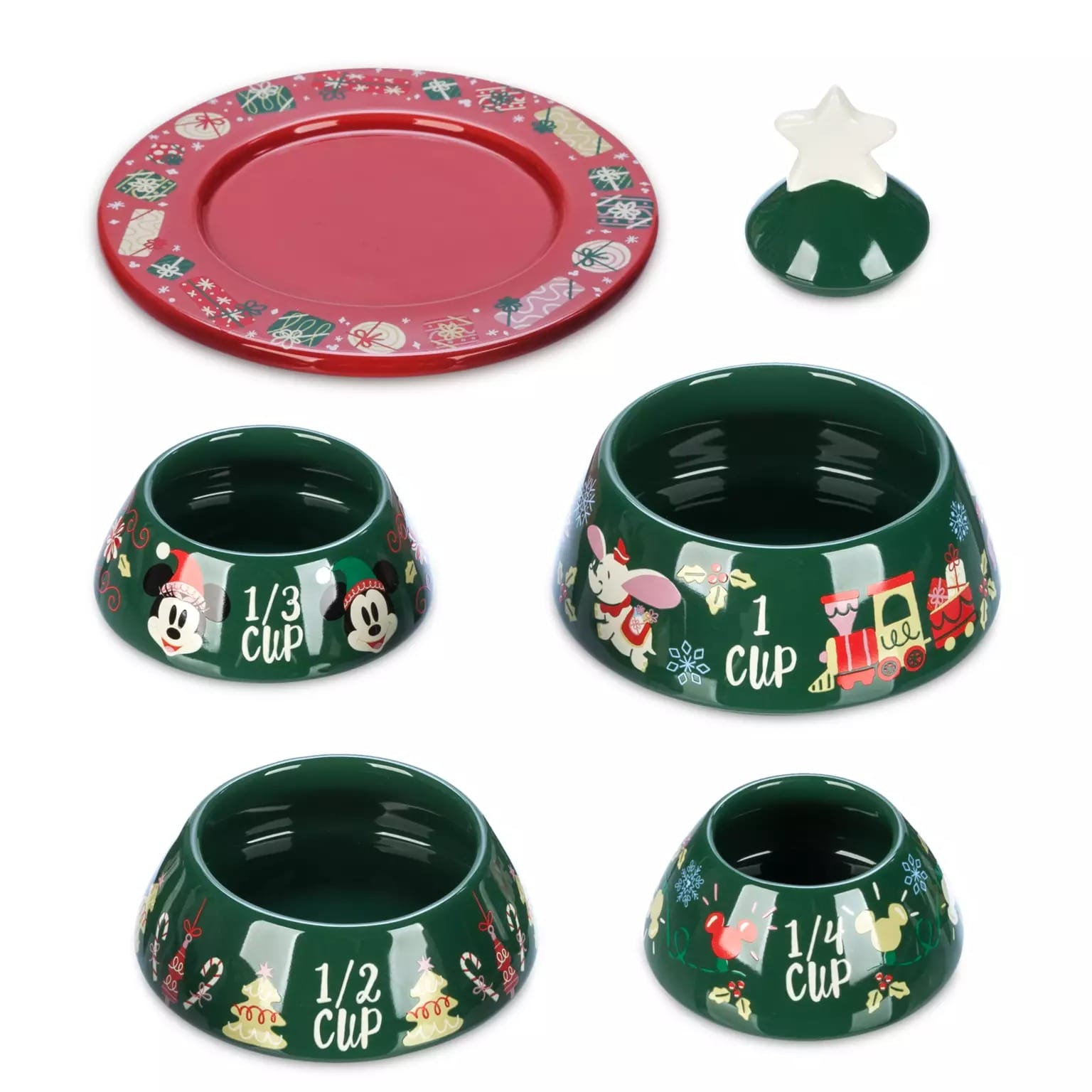 Five green Disney Store Mickey bowls, a red 2025 holiday plate, and a small white star dish.
