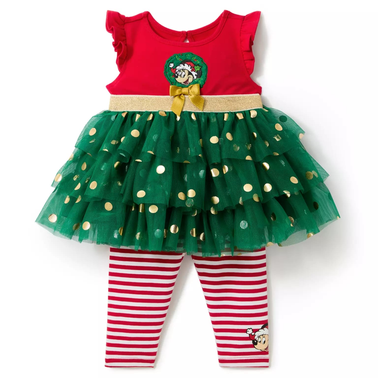 Festive 2025 baby outfit with Disney Store charm: red top, green tutu with gold dots, bow, and striped leggings.
