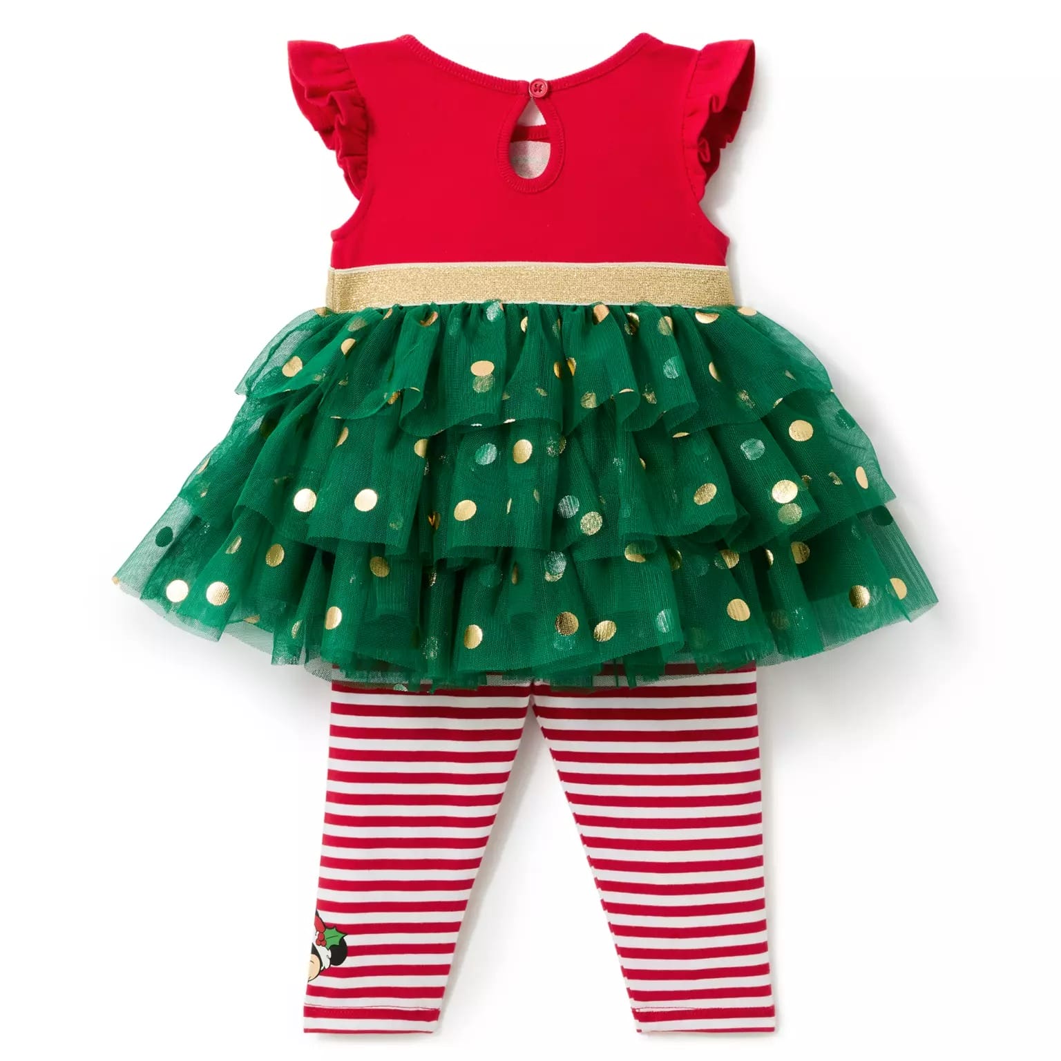 Red and green ruffled dress with gold dots and striped leggings, part of Disney Christmas Merchandise 2025.