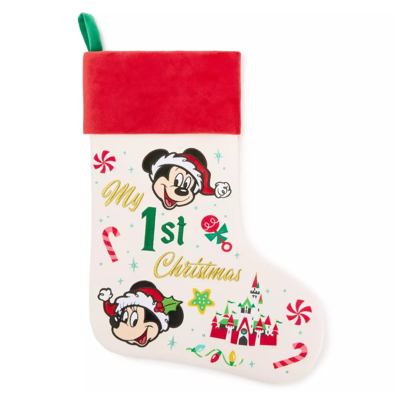 White Christmas stocking from Disney Store with Mickey, Minnie, candy canes, castle, and “My 1st Christmas” for 2025.