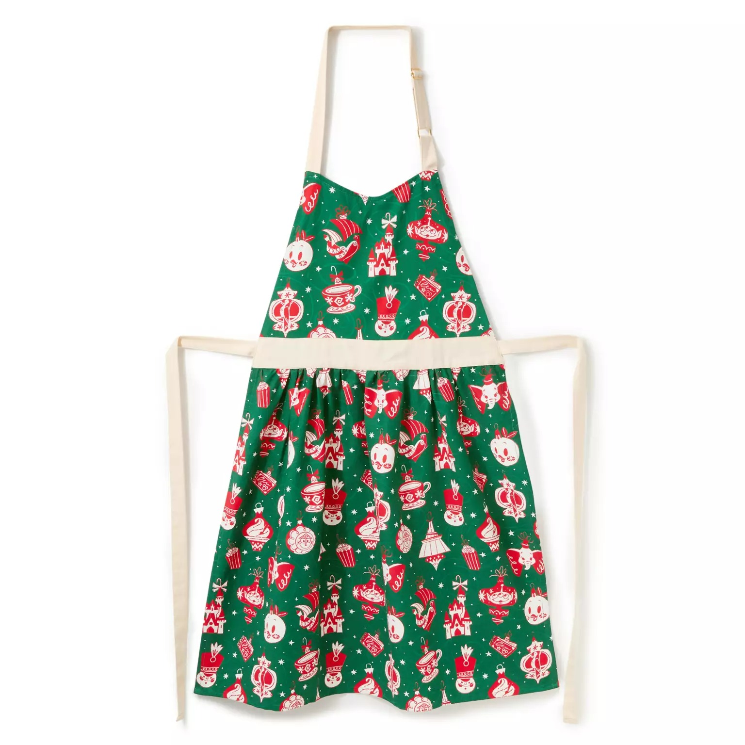 Green apron with festive holiday designs from Disney Store 2025 Disney Christmas merchandise, ivory neck and waist ties.