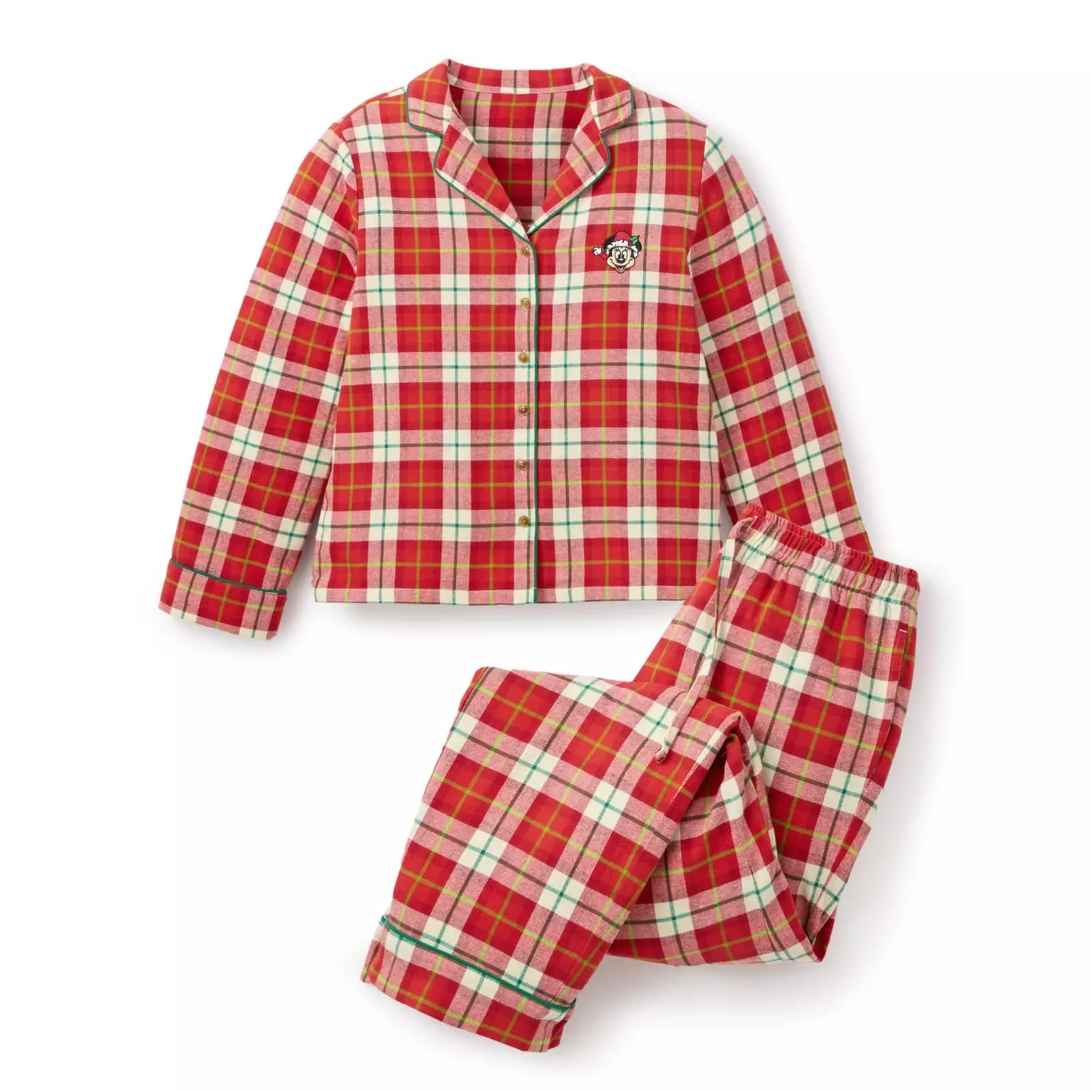 Red, green, and white plaid flannel pajama set from the Disney Store, featuring a small embroidered dog patch.