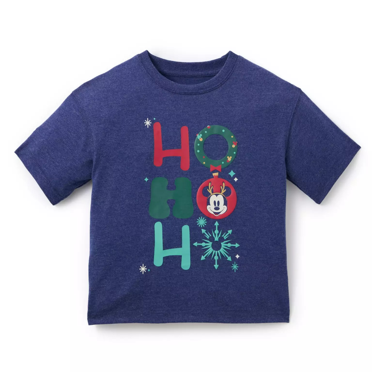 Navy blue t-shirt with "HO HO HO" and a festive Mickey face—perfect Disney Christmas merchandise for the season.