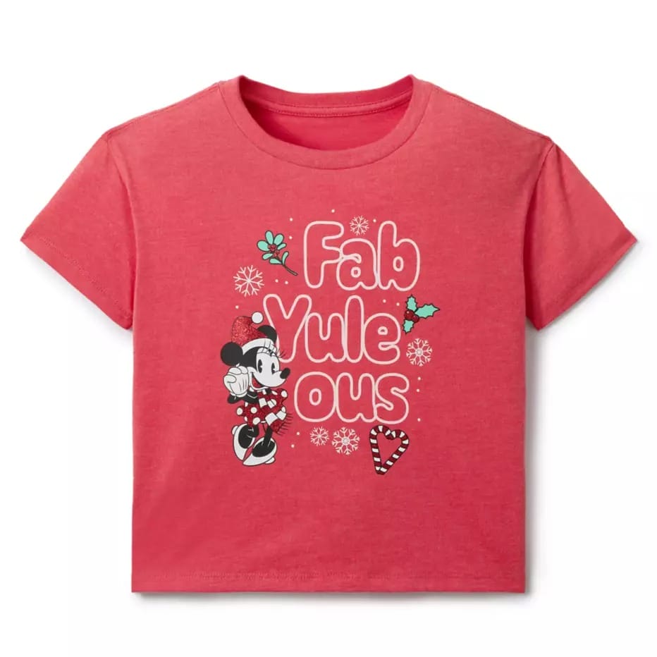 Red kids’ t-shirt from Disney Store with Minnie Mouse, snowflakes, and “Fab Yule ous”—2025 Disney Christmas Merchandise.