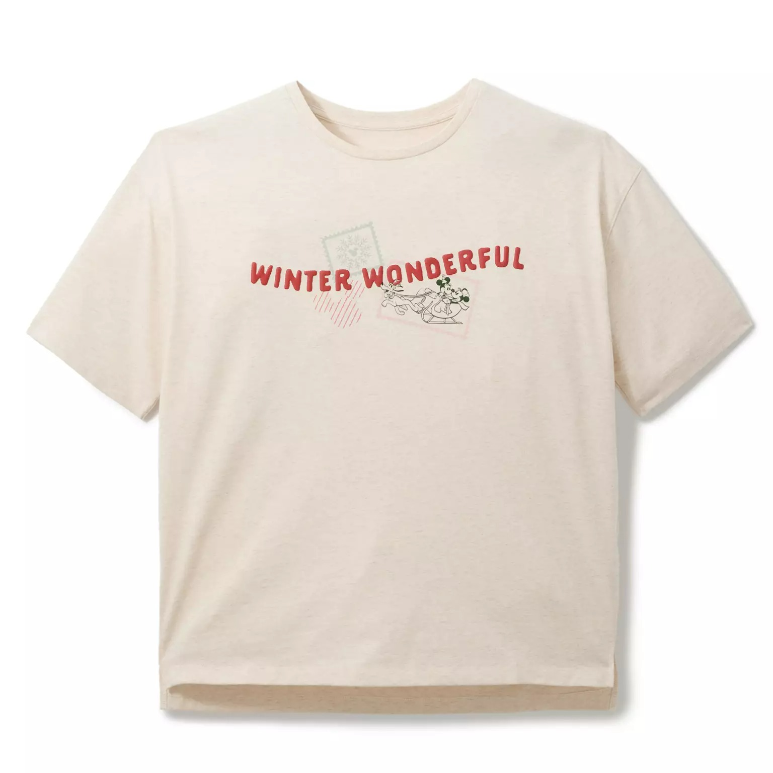 Beige t-shirt with red "WINTER WONDERFUL" text and a cartoon mouse sledding from Disney Christmas merchandise.