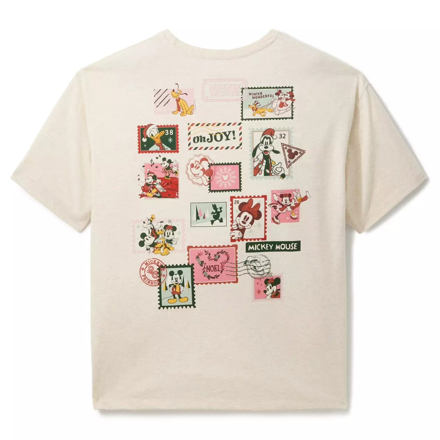Cream-colored t-shirt from Disney Store with colorful Mickey Mouse and friends postage stamp designs on the back.