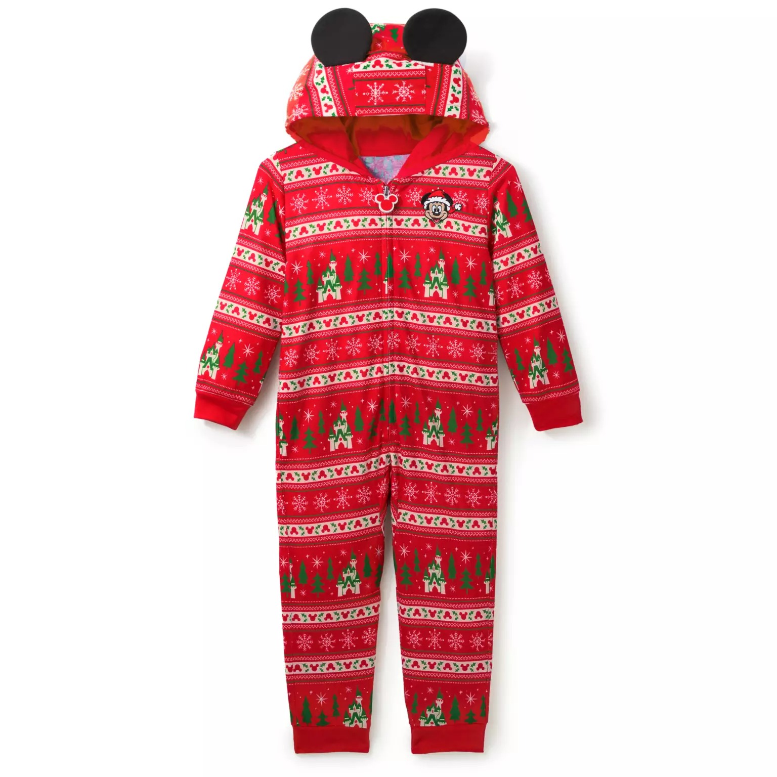 Red and green Disney Store Christmas onesie with mouse ears, snowflakes, and tree patterns—perfect for 2025 festivities.