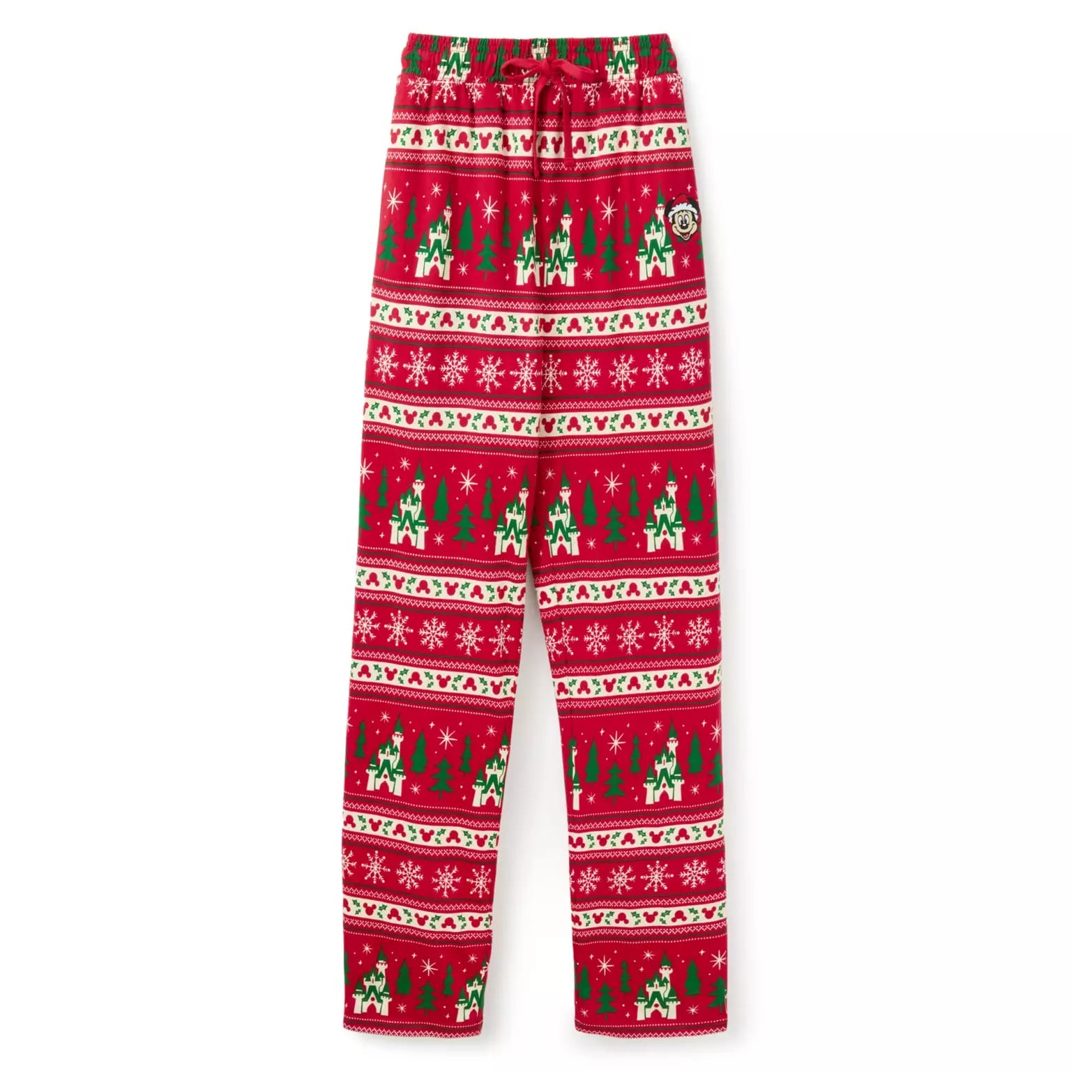 Red holiday pajama pants from the Disney Store, with Christmas trees, snowflakes, reindeer, and a 2025 logo patch.