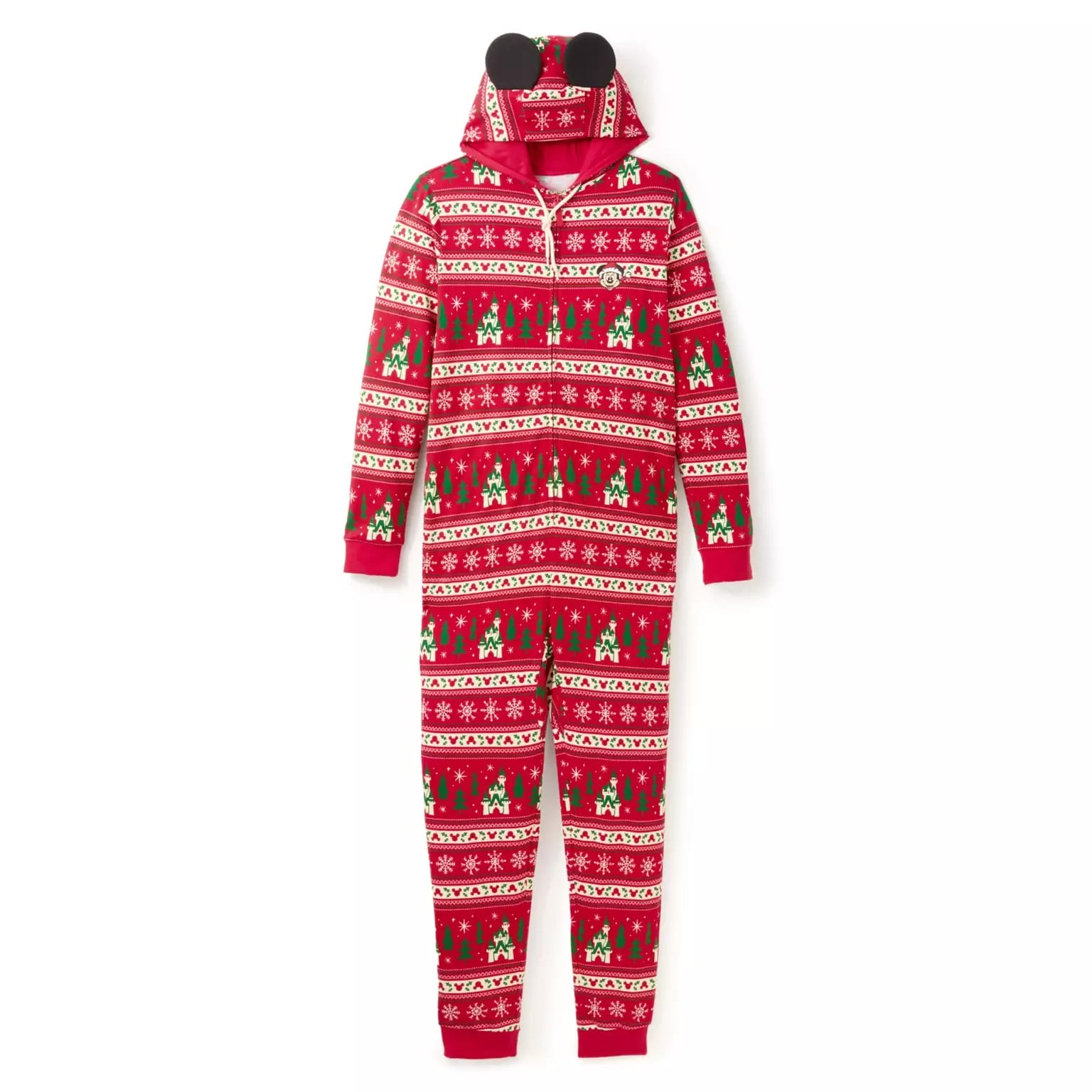 Red and green holiday onesie with snowflakes, Christmas trees, and black mouse ears—Disney Christmas merchandise for 2025.
