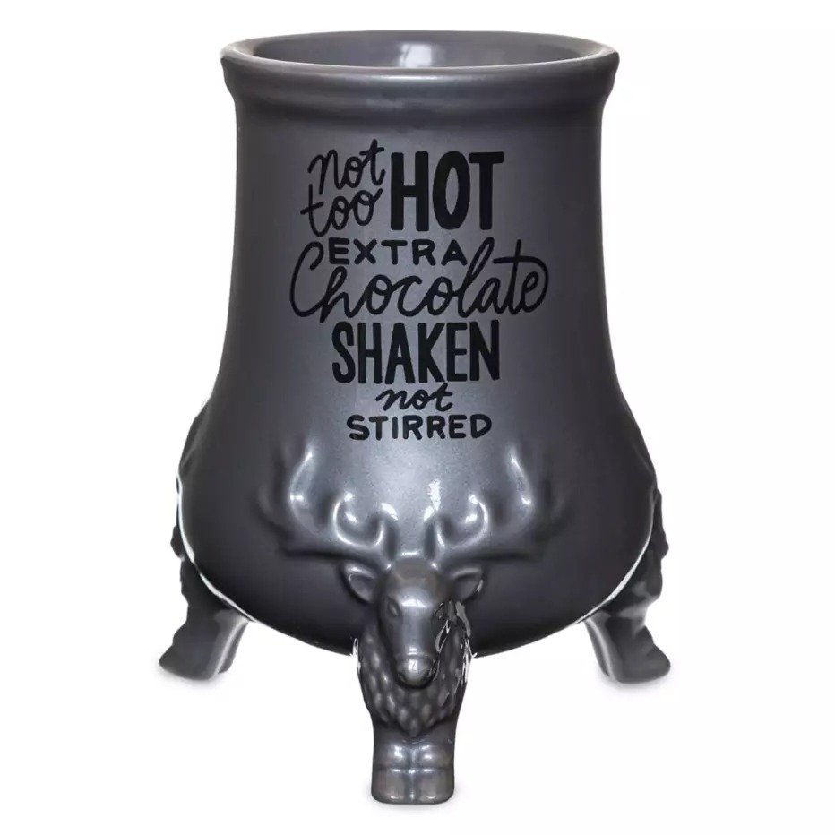 Gray mug with stag head legs, Disney Store exclusive, featuring: "Not too hot, extra chocolate, shaken not stirred.