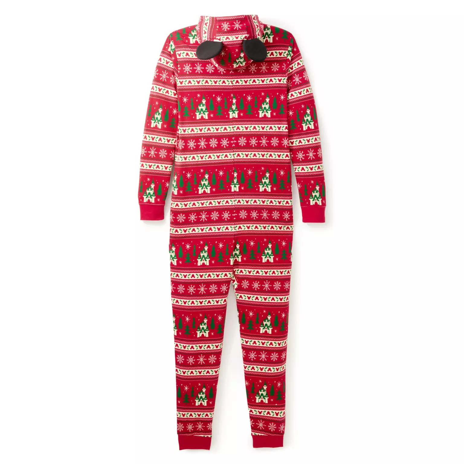 Red Christmas-themed adult onesie pajamas with snowflake and elf patterns, inspired by Disney Store holiday merchandise.