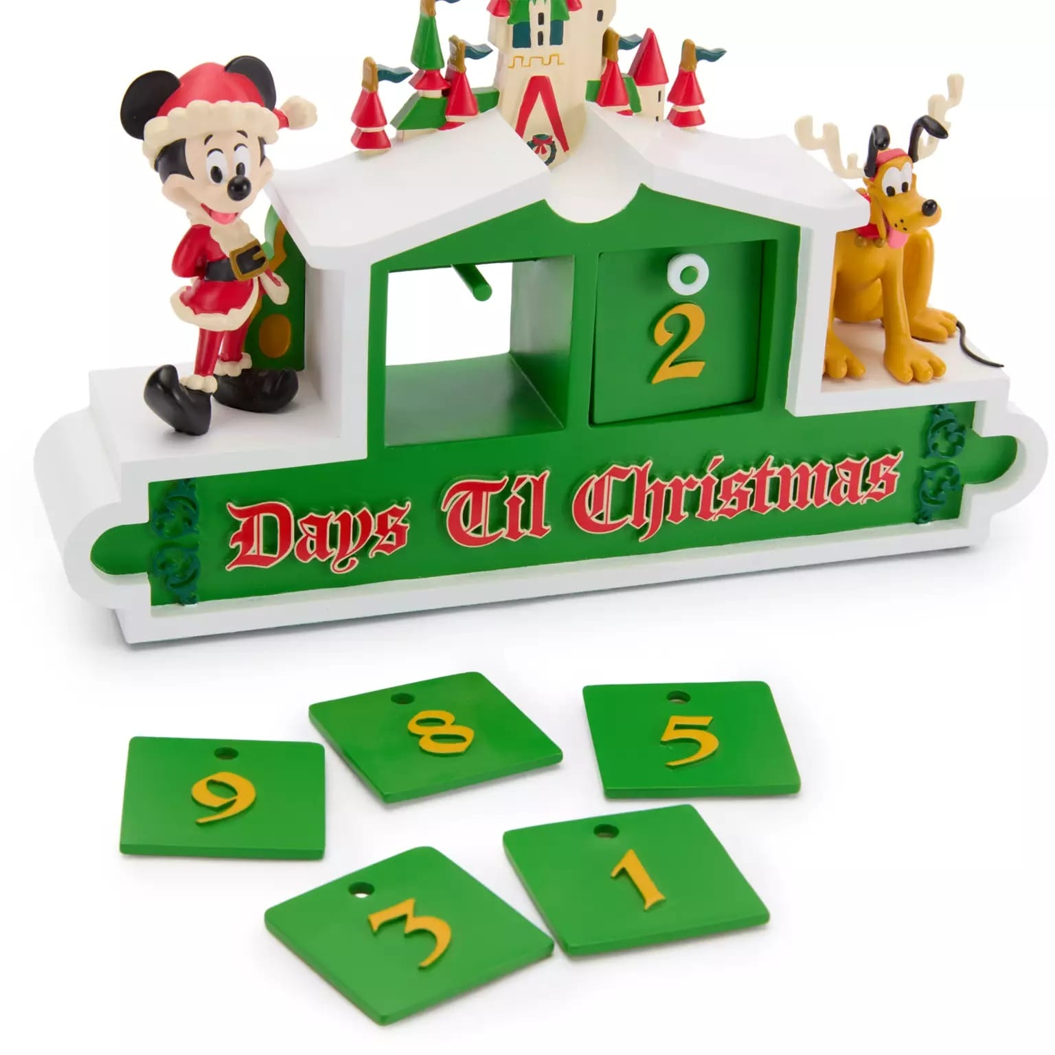 Disney Store Christmas countdown calendar with Mickey, Pluto, and green tiles—perfect Disney Christmas merchandise for 2025.