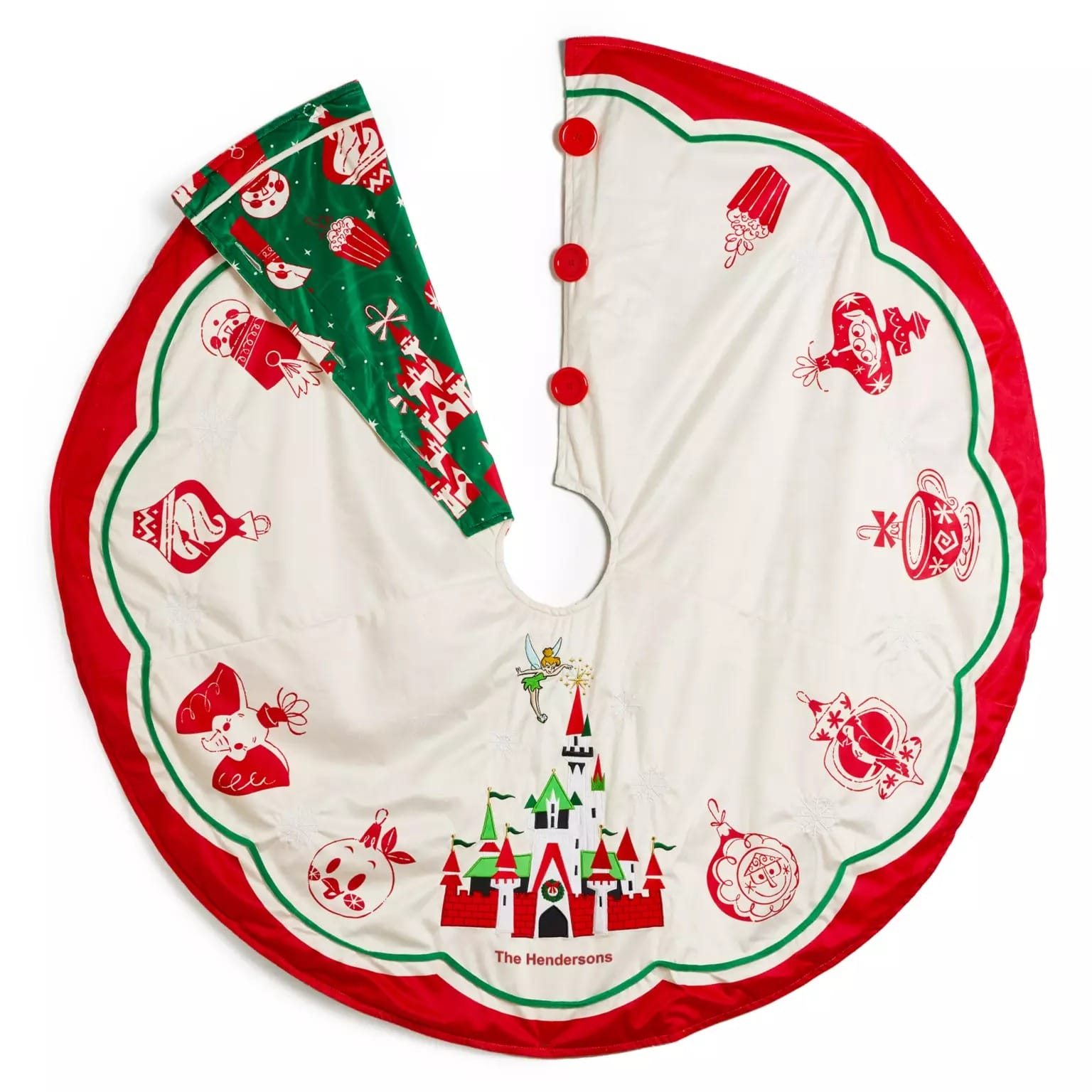 Round white and red Christmas tree skirt with Disney characters, castle design, and three stockings from 2025 Disney Store.
