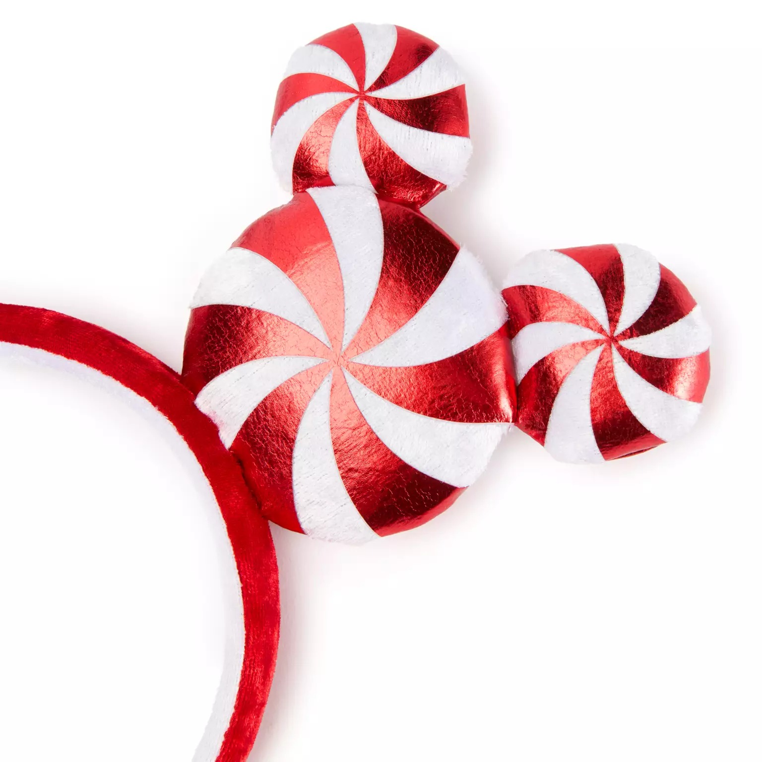 Red and white peppermint swirl Mickey Mouse ears headband from the 2025 Disney Christmas Merchandise collection.