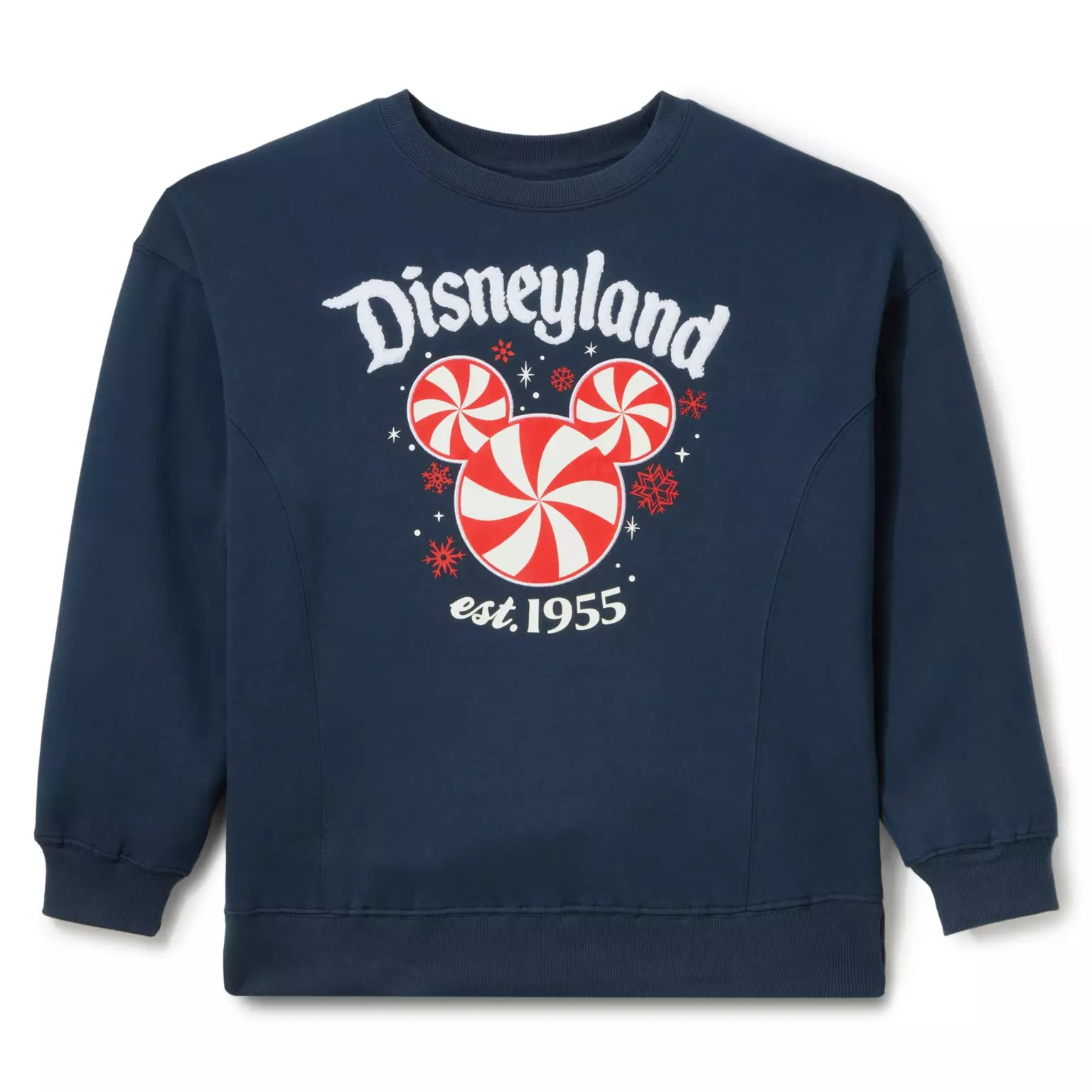 Disney Christmas Merch 2025: Navy blue Disneyland sweatshirt from Disney Store features Mickey in peppermint candies and festive Disney Christmas merchandise.