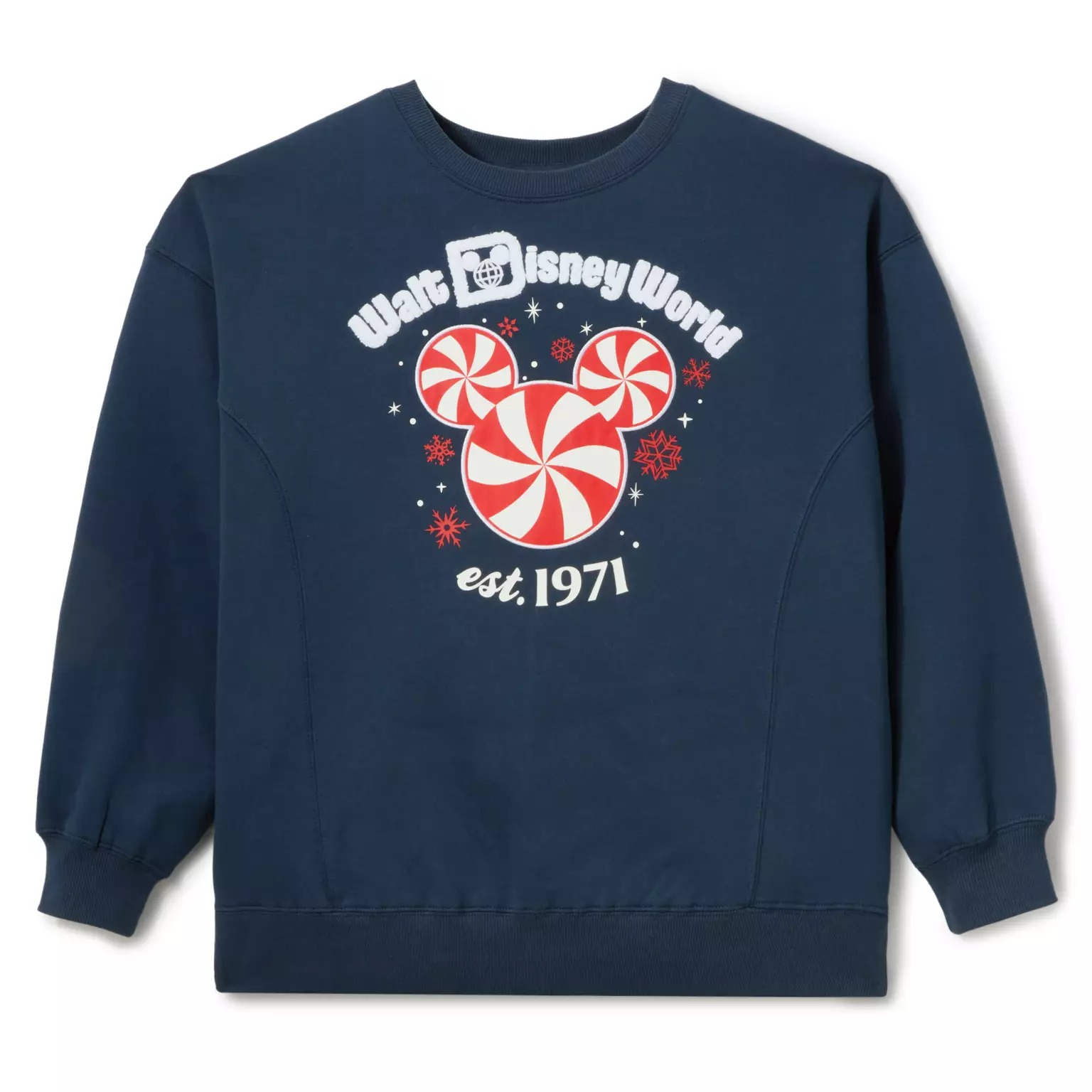 Disney Christmas Merch 2025: Navy blue Disney Store sweatshirt with “Walt Disney World est. 1971” and a peppermint Mickey from the Disney Christmas Merchandise 2025.