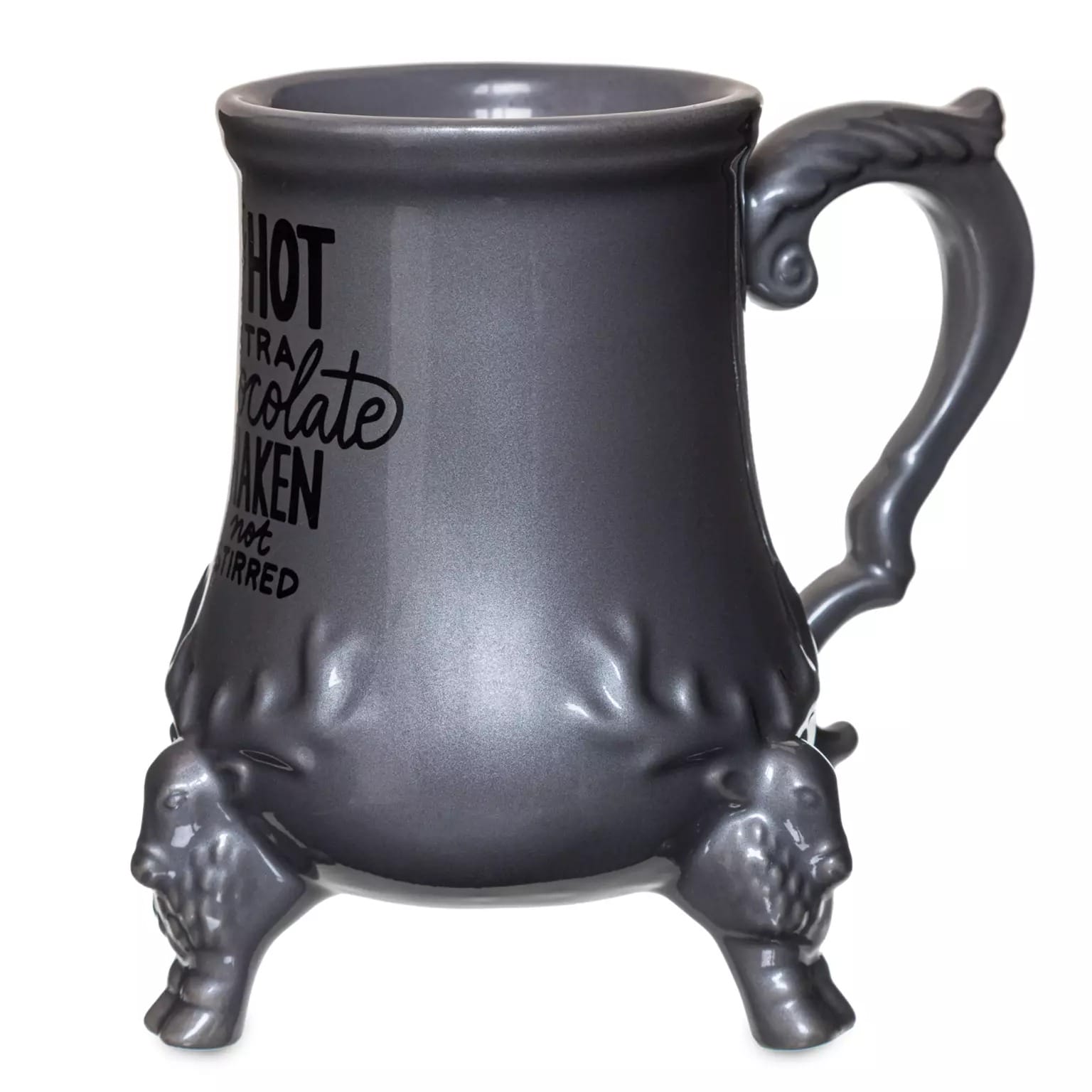 Gray mug with lion feet, ornate handle, “Hot Chocolate” text—a cozy 2025 Disney Store Christmas merchandise find.