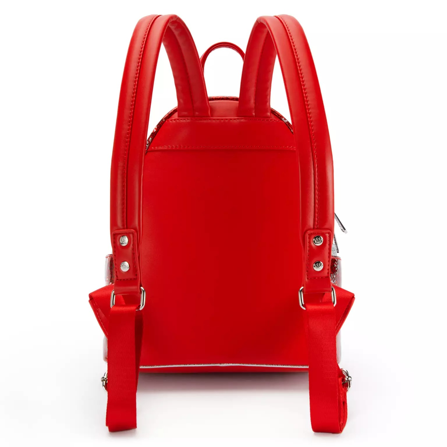 Back view of a 2025 Disney Christmas Merchandise red backpack with padded straps, from the Disney Store.