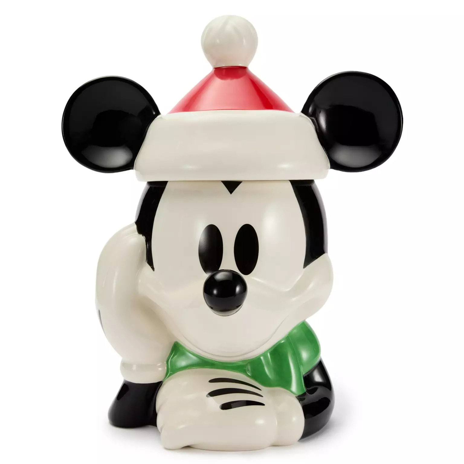 Ceramic cookie jar shaped like Mickey Mouse, part of the 2025 Disney Store’s festive Christmas merchandise collection.