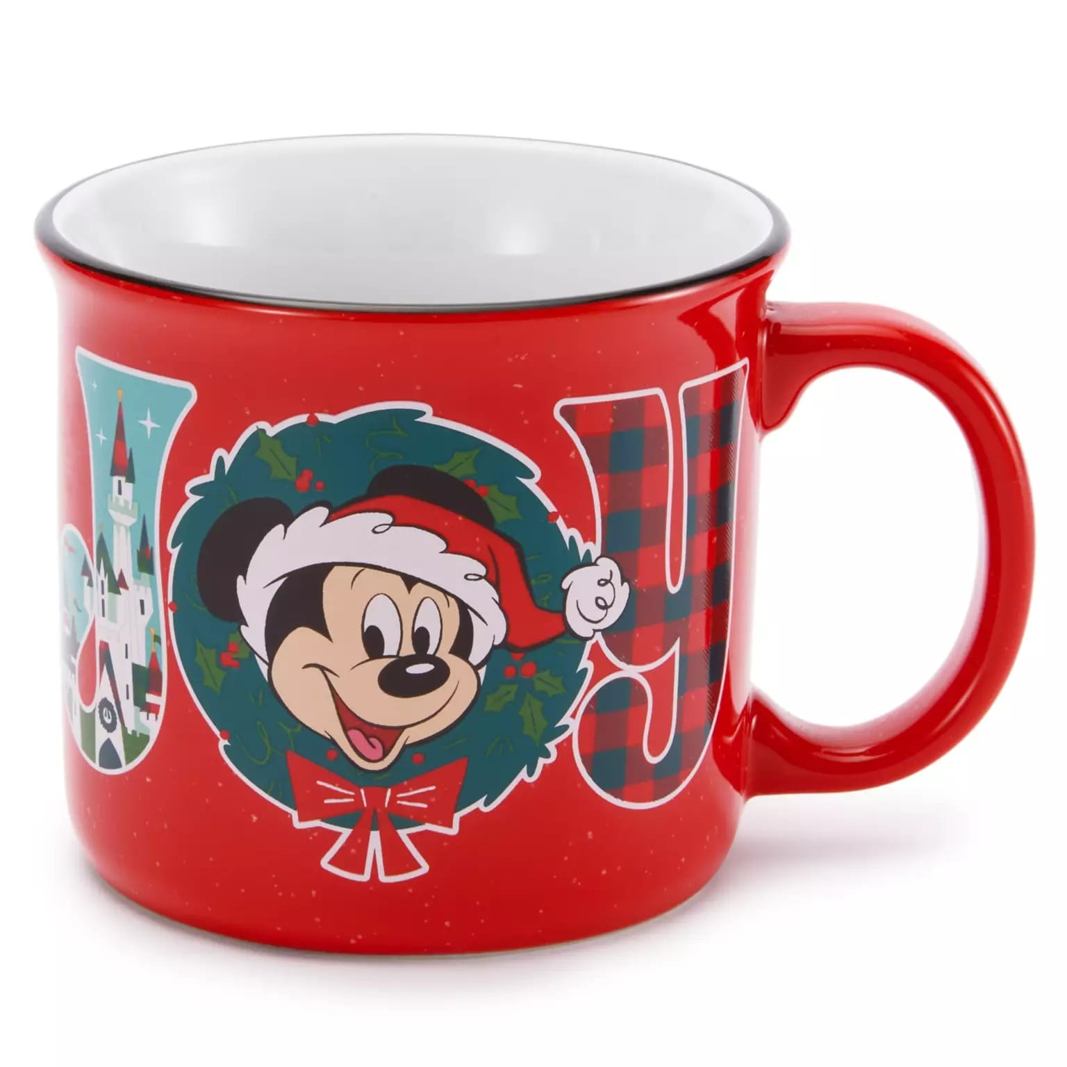 Red mug from Disney Store, part of 2025 Disney Christmas Merchandise, with "JOY" and Mickey Mouse in a festive wreath.