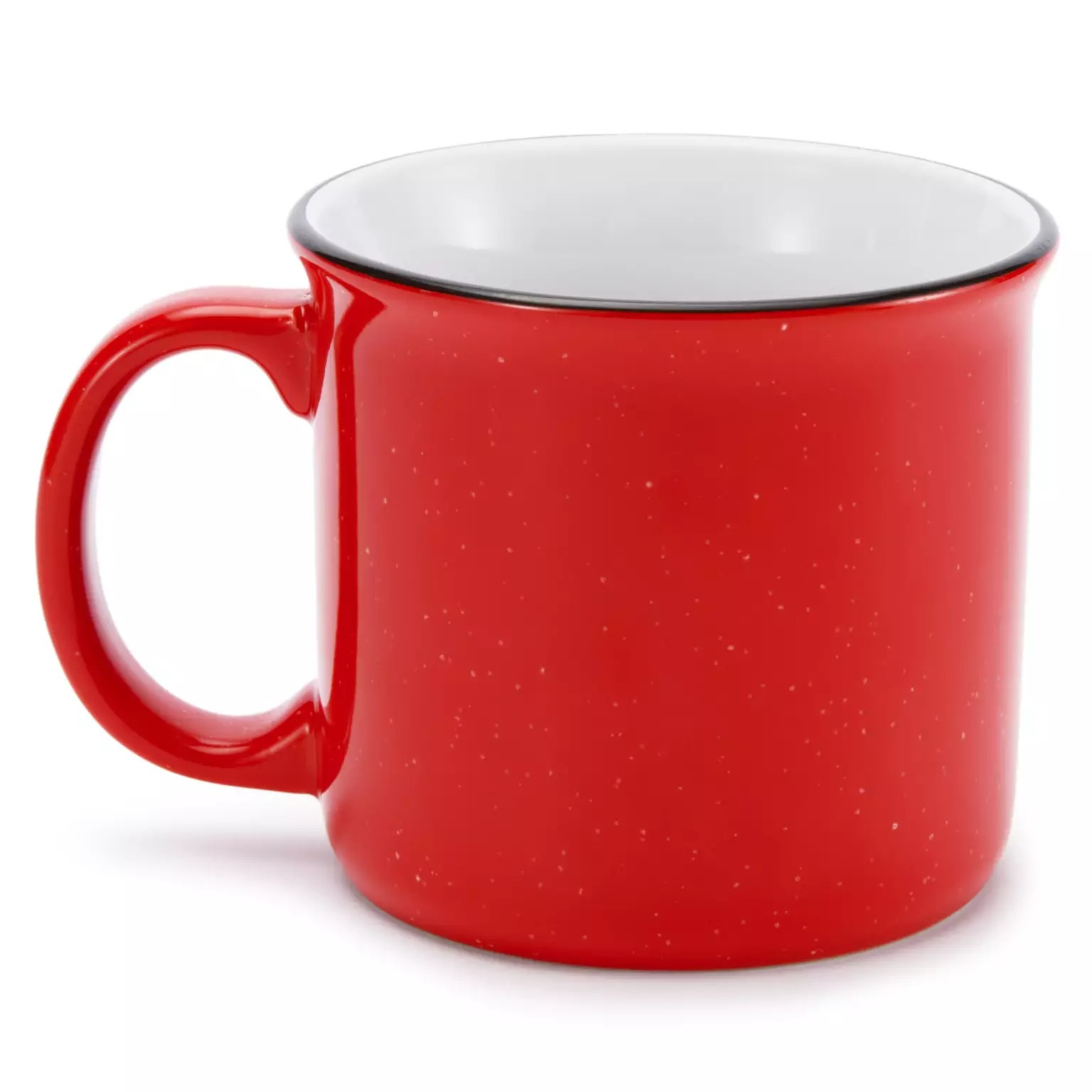 A red ceramic mug with a white interior and black rim, part of the 2025 Disney Christmas merchandise collection.