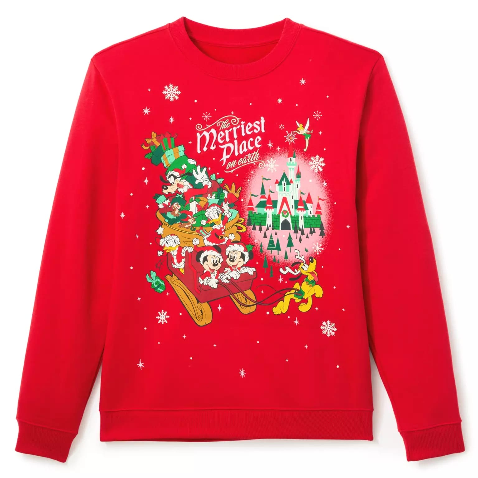 Bright red sweater with Disney characters riding a sleigh, part of exclusive Disney Christmas merchandise.