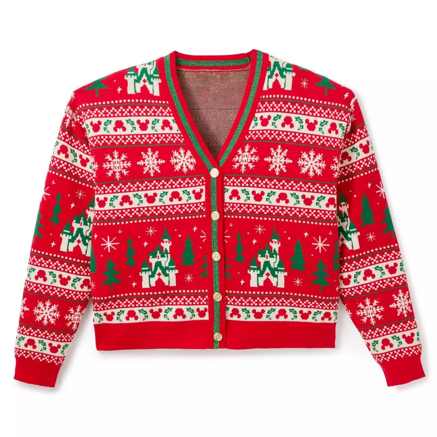 Red Disney Store Christmas sweater with green castles, white snowflakes, and wreaths—cozy 2025 holiday merchandise.