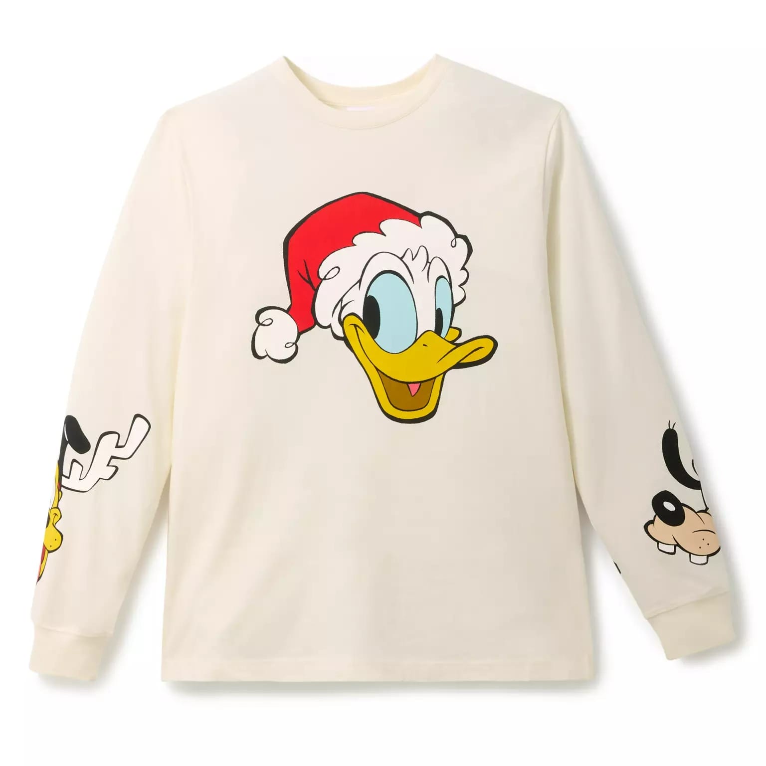 Cream long-sleeve shirt with a cartoon duck in a Santa hat, part of Disney Christmas merchandise for 2025.