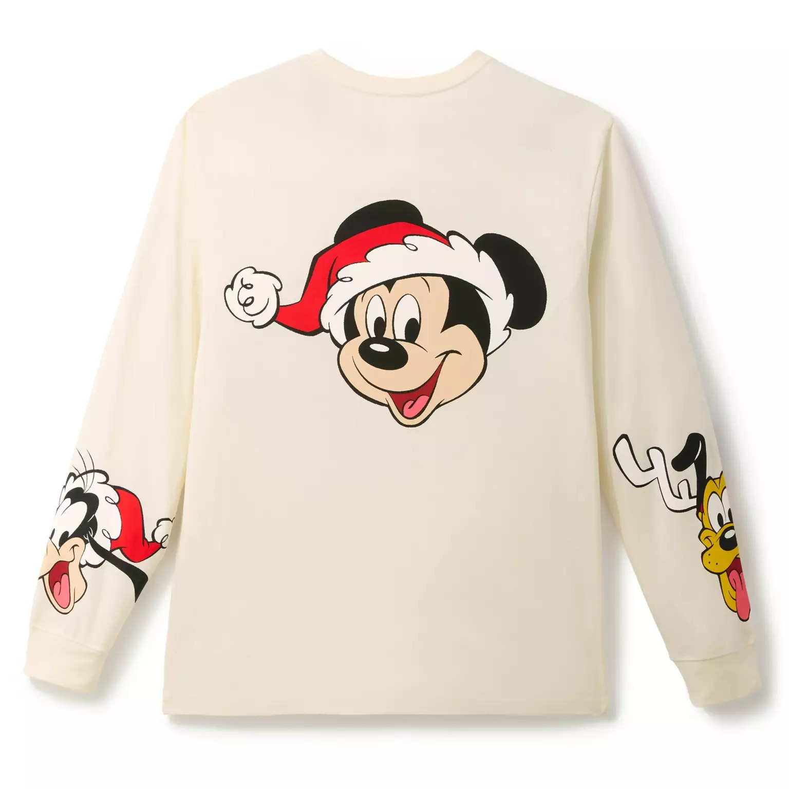 Cream long-sleeve shirt from the Disney Store featuring Mickey, Goofy, and Pluto—perfect Disney Christmas Merchandise for 2025.