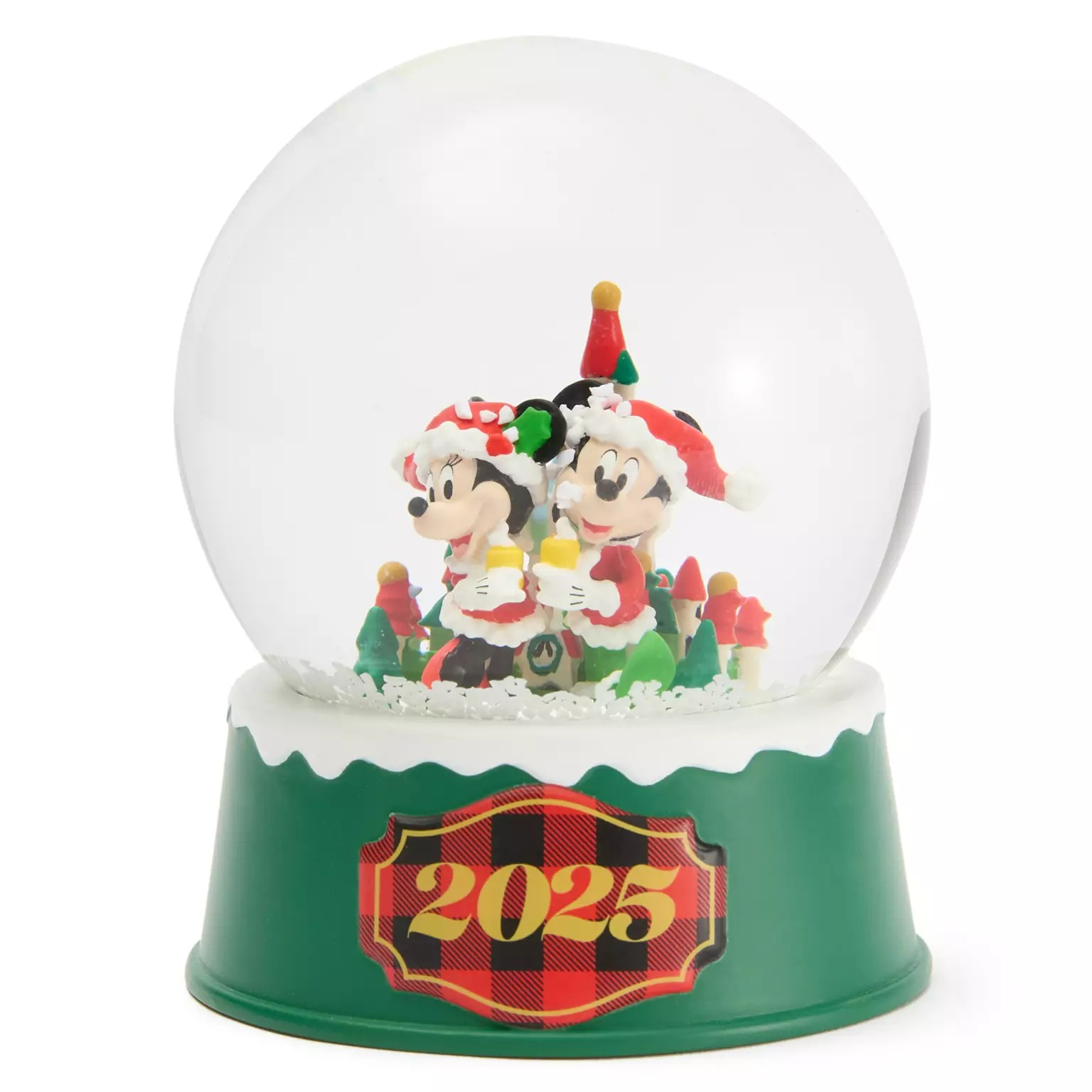 A Disney Store snow globe with Mickey and Minnie in Christmas outfits; “2025” shines on the green base.