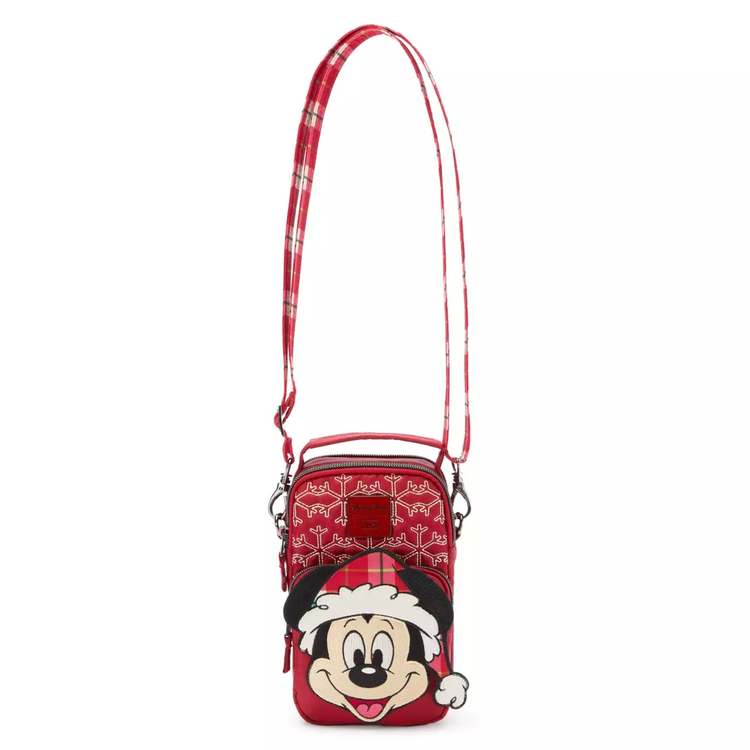 Festive Disney Store crossbody bag with plaid strap and Mickey Mouse in a Santa hat—perfect Disney Christmas merchandise.