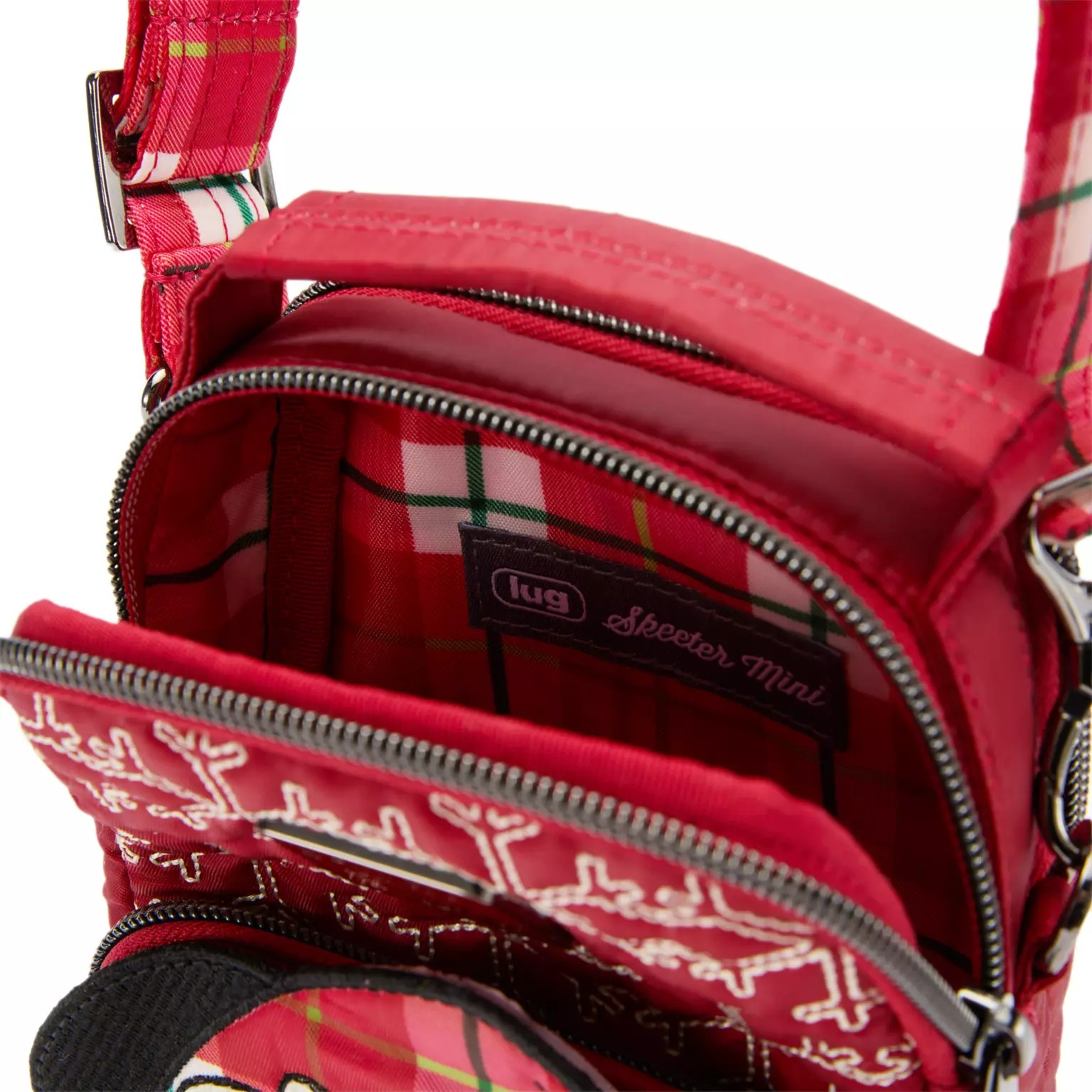 Red plaid mini crossbody bag with open zippered compartments—a festive 2025 Disney Christmas Merchandise find.