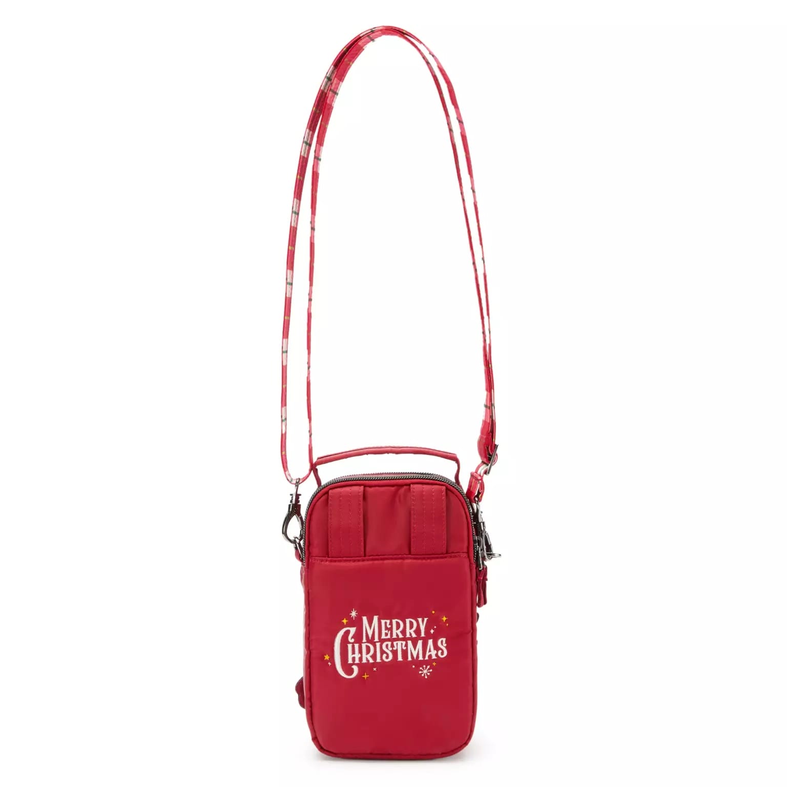 Festive red crossbody bag with "Merry Christmas" text and snowflakes—exclusive Disney Store 2025 Christmas merchandise.