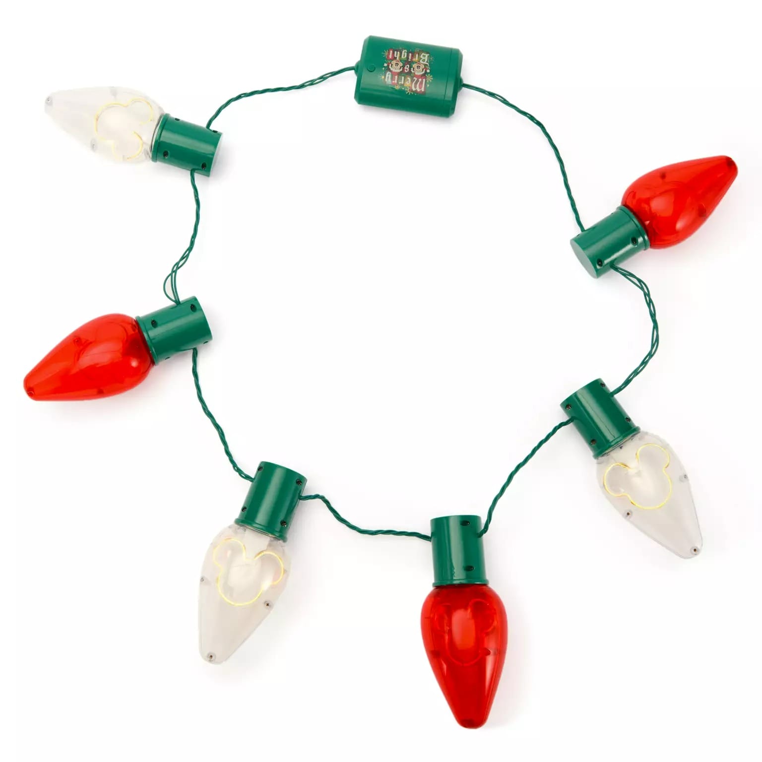 A string of large red and white Disney Christmas lights on green wire, perfect for your 2025 Disney Store collection.