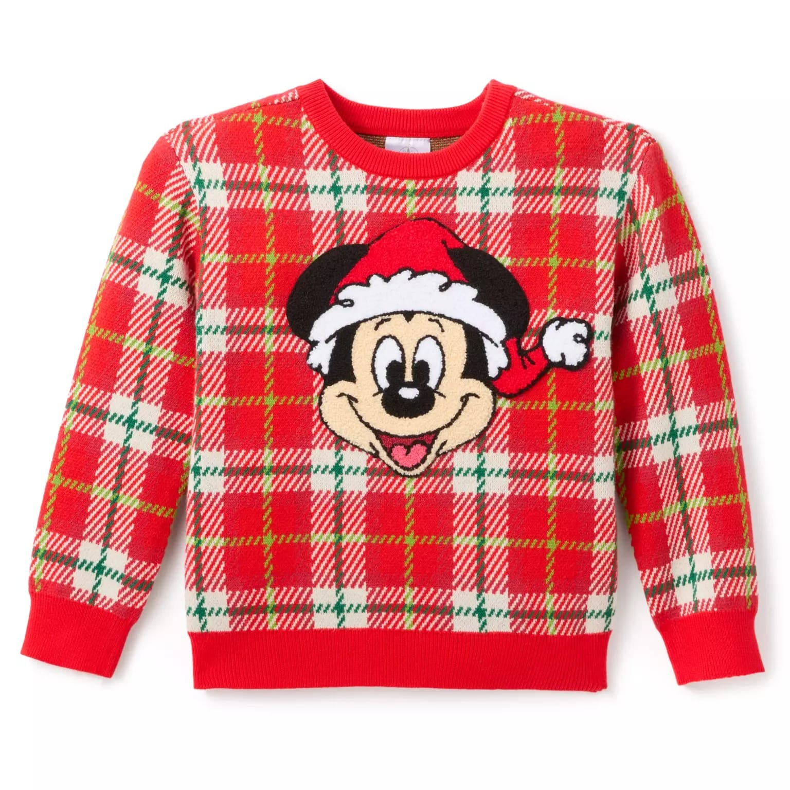 Red plaid sweater with Mickey Mouse in a Santa hat, part of the 2025 Disney Store Christmas merchandise collection.