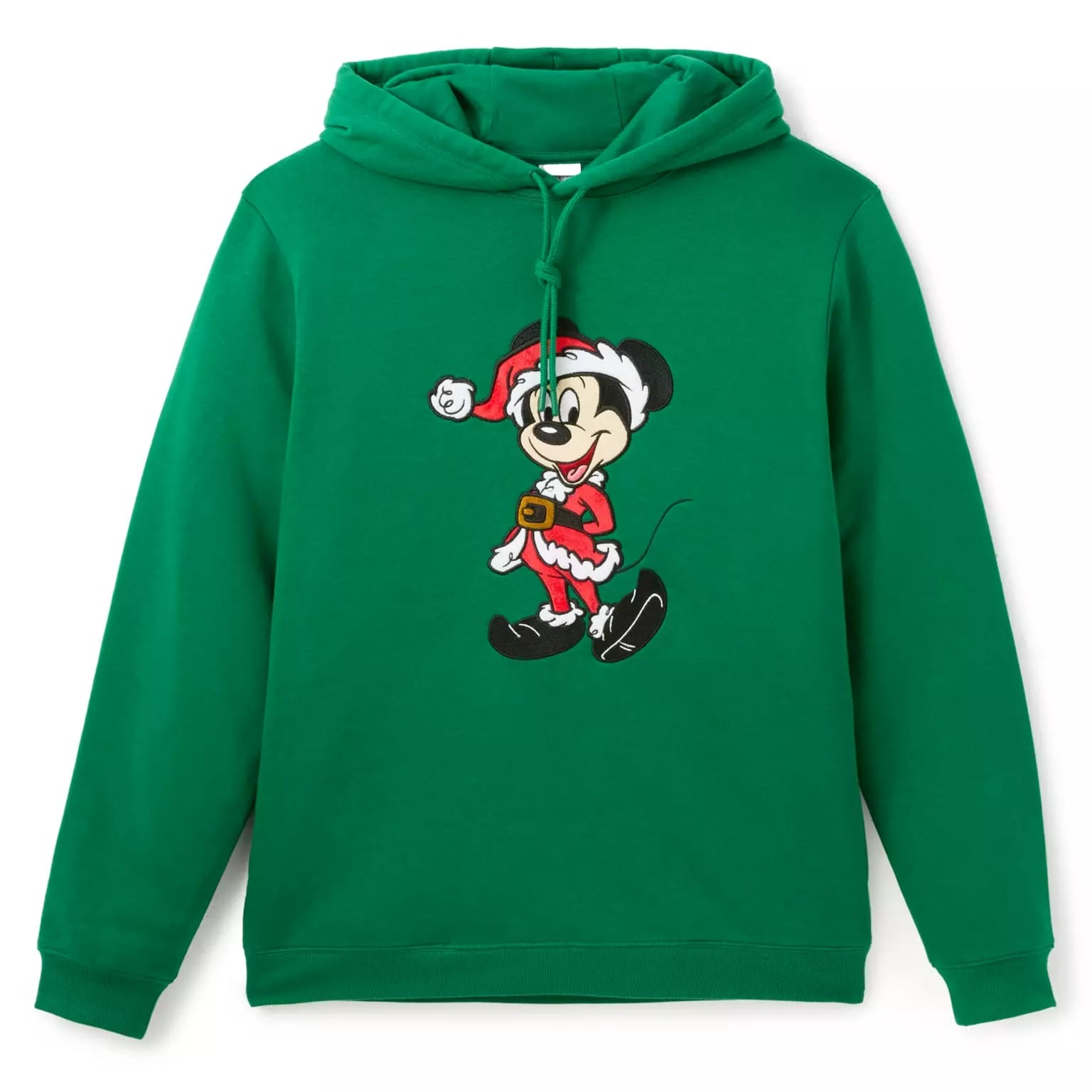 Green hoodie featuring a graphic of Mickey Mouse in a Santa outfit—part of the 2025 Disney Christmas Merchandise.
