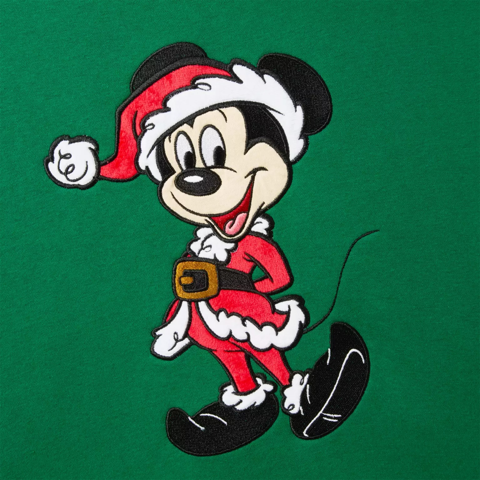 Cartoon mouse in a Santa costume smiles and walks—perfect for 2025 Disney Christmas merchandise.