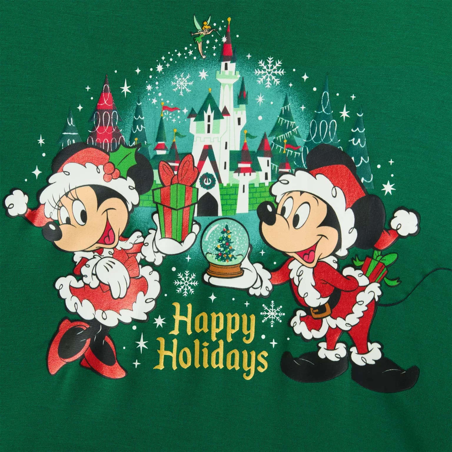 Minnie and Mickey Mouse in Santa outfits with gifts by a castle. Text: "Happy Holidays"—a Disney Christmas delight!
