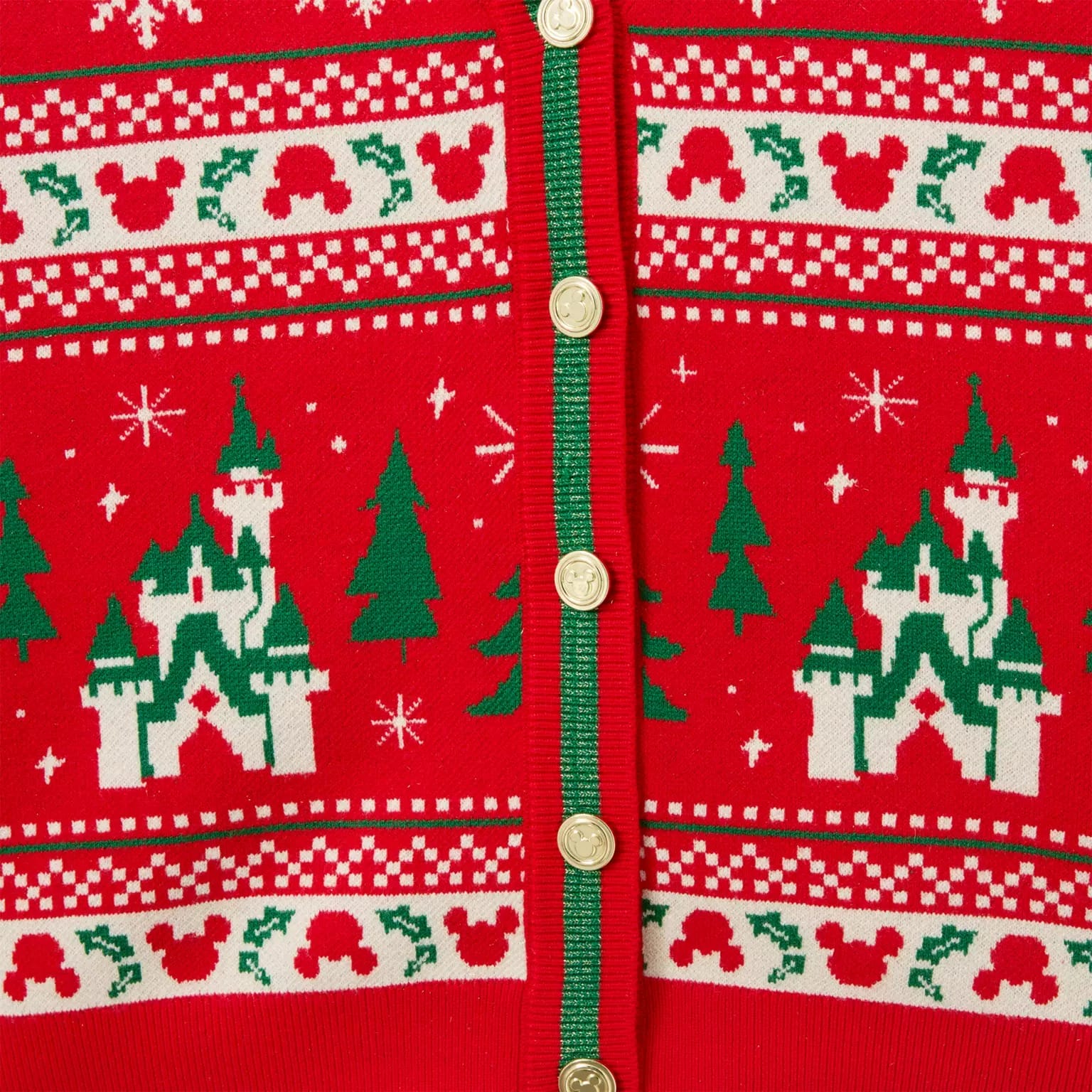 Festive red holiday sweater from Disney Store with white and green castles, trees, Mickey heads, and gold buttons down the center.
