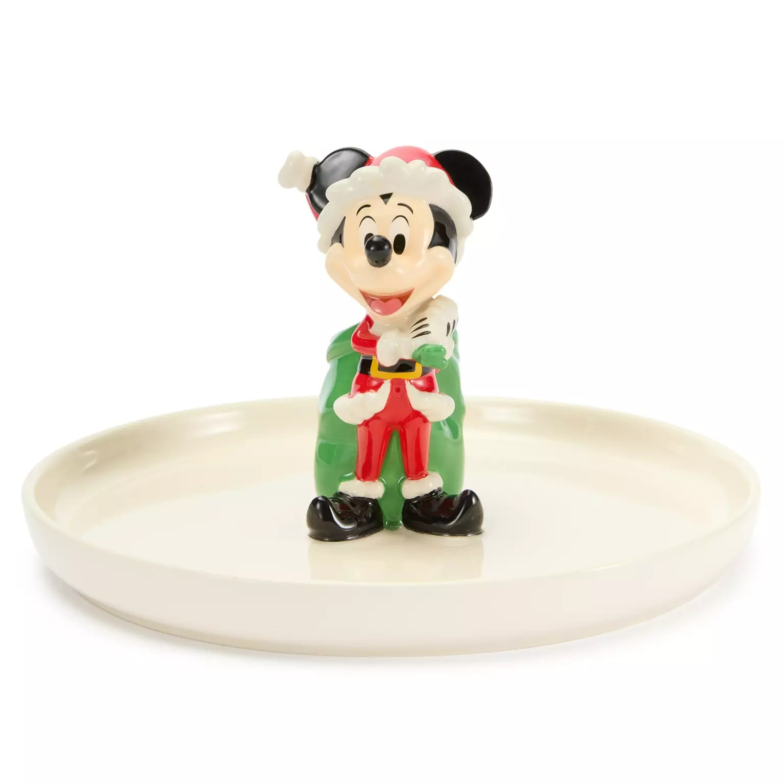 Ceramic Christmas tray from the Disney Store features a festive 2025 Mickey Mouse figurine in a Santa hat and green coat.