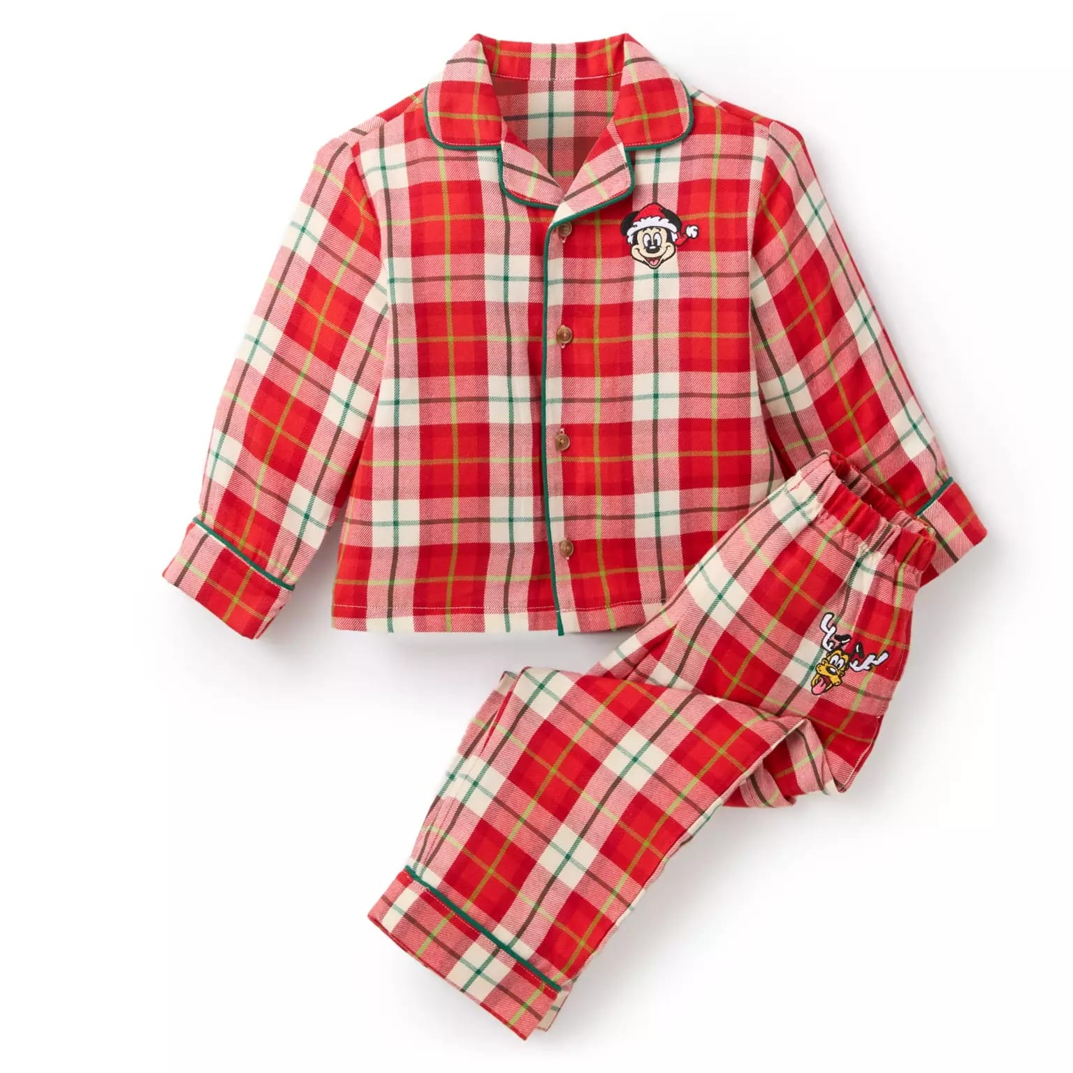 Red and pink plaid pajama set from Disney Store, featuring Minnie on the chest and Mickey on the pants. Perfect 2025 Christmas merch!