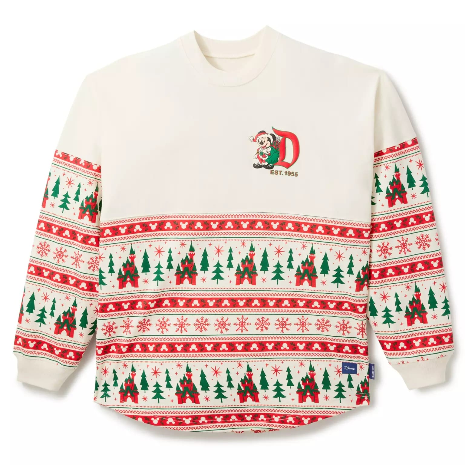 Cream holiday sweater with red and green Christmas trees, snowflakes, Santa, and a Disney Store "D" for 2025.