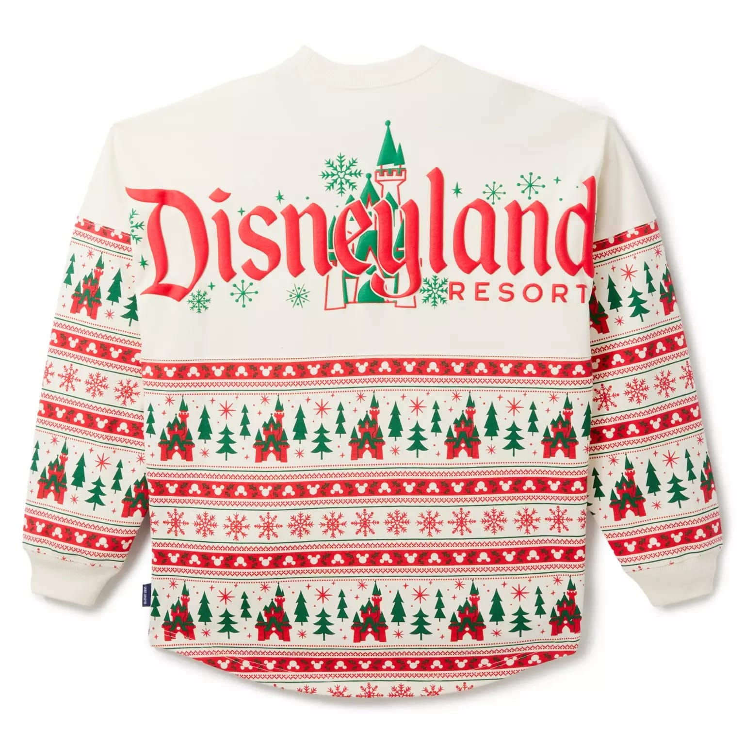 A festive Disney Store sweater with red text, snowflakes, and Christmas tree patterns from the 2025 Disney Christmas Merchandise.