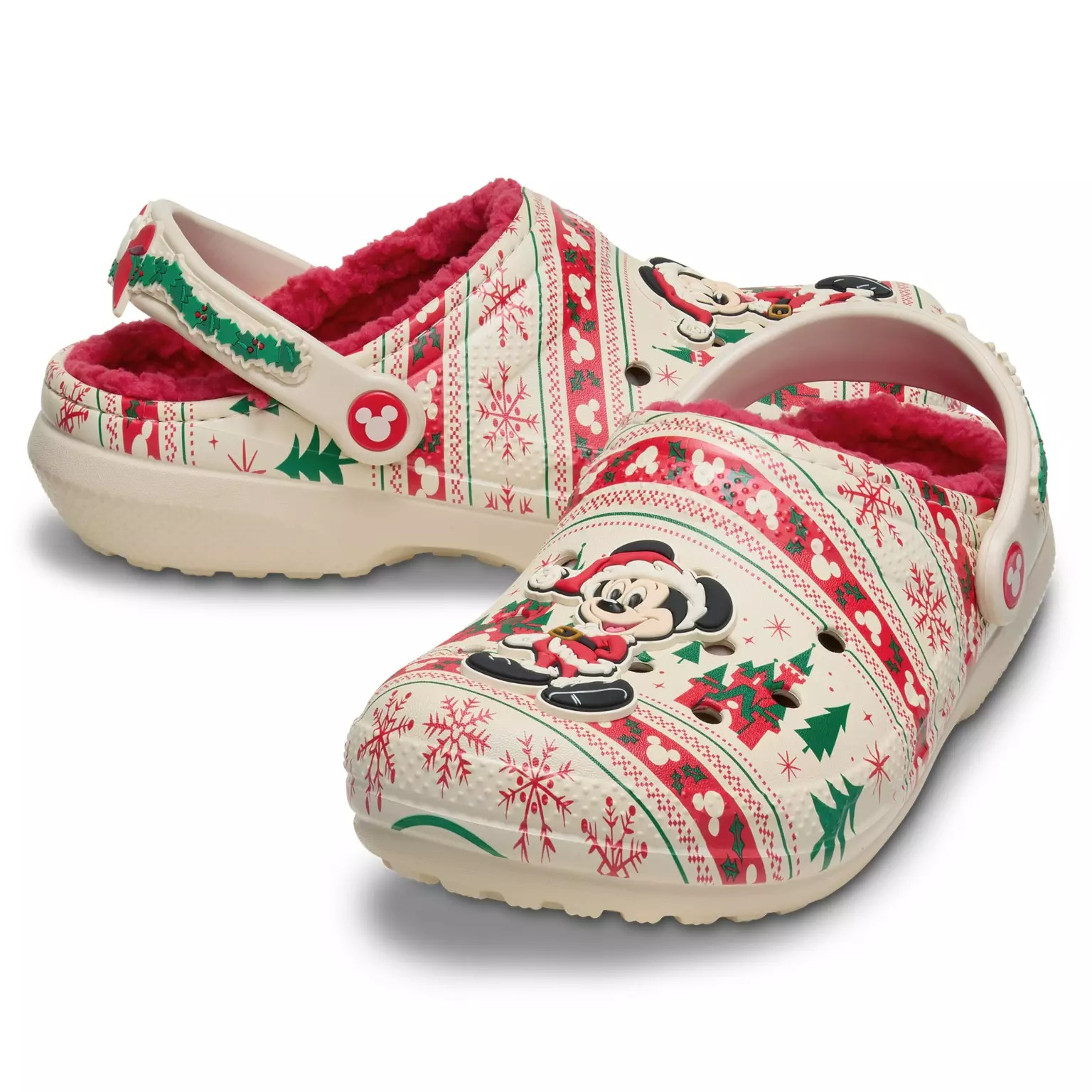 Cream Crocs with red lining, Mickey Mouse holiday design—festive Disney Christmas merchandise for 2025.