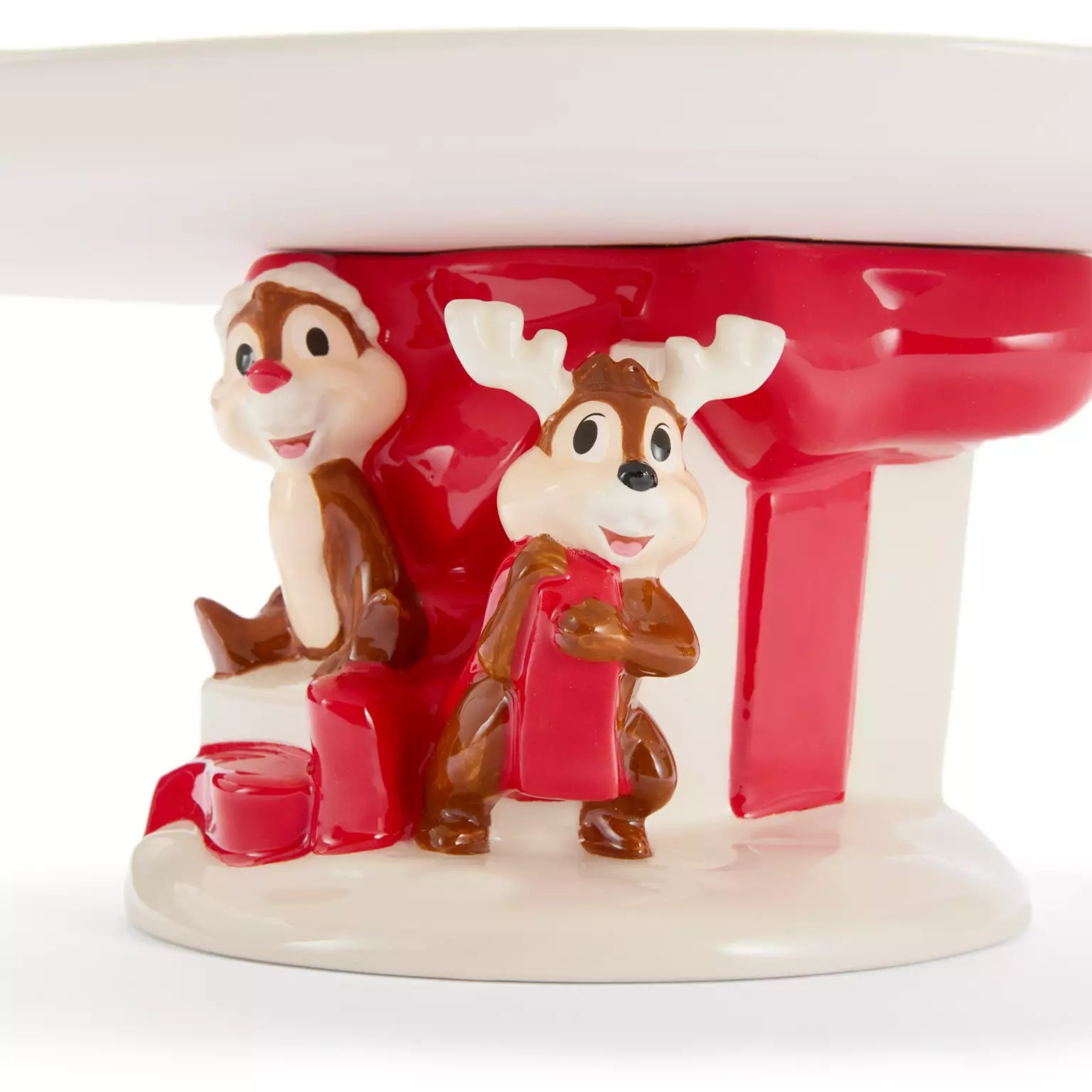Two cartoon chipmunks in festive hats support a cake stand, smiling—part of the 2025 Disney Christmas merchandise.
