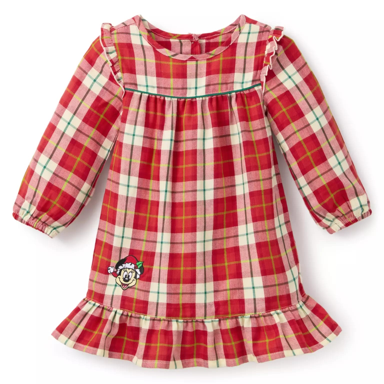 Red and pink plaid long-sleeve toddler dress with ruffles, part of the 2025 Disney Christmas Merchandise collection.