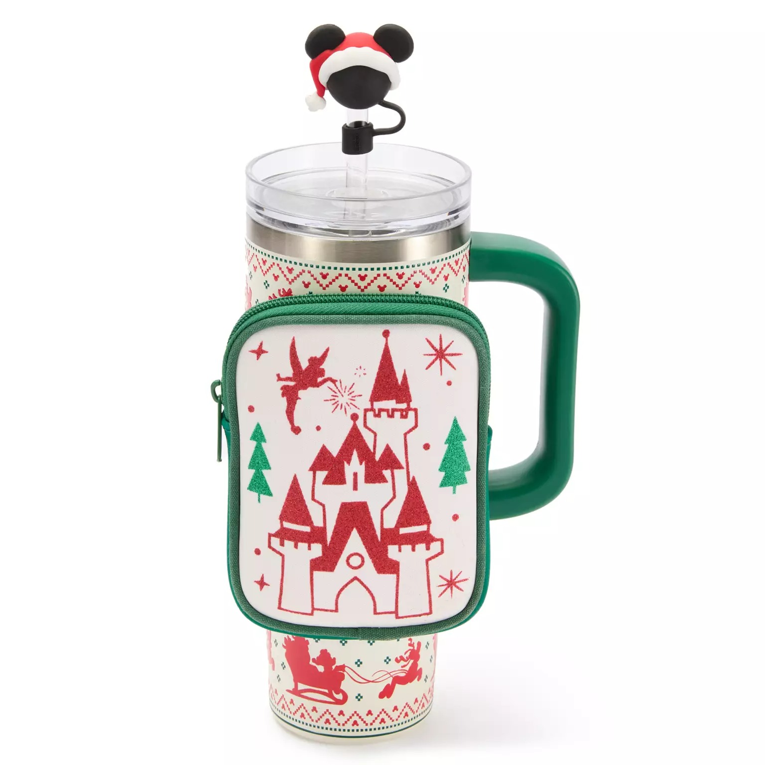 Festive Disney Store holiday tumbler with green handle, red castle, Mickey Mouse Santa topper—perfect Disney Christmas merchandise.
