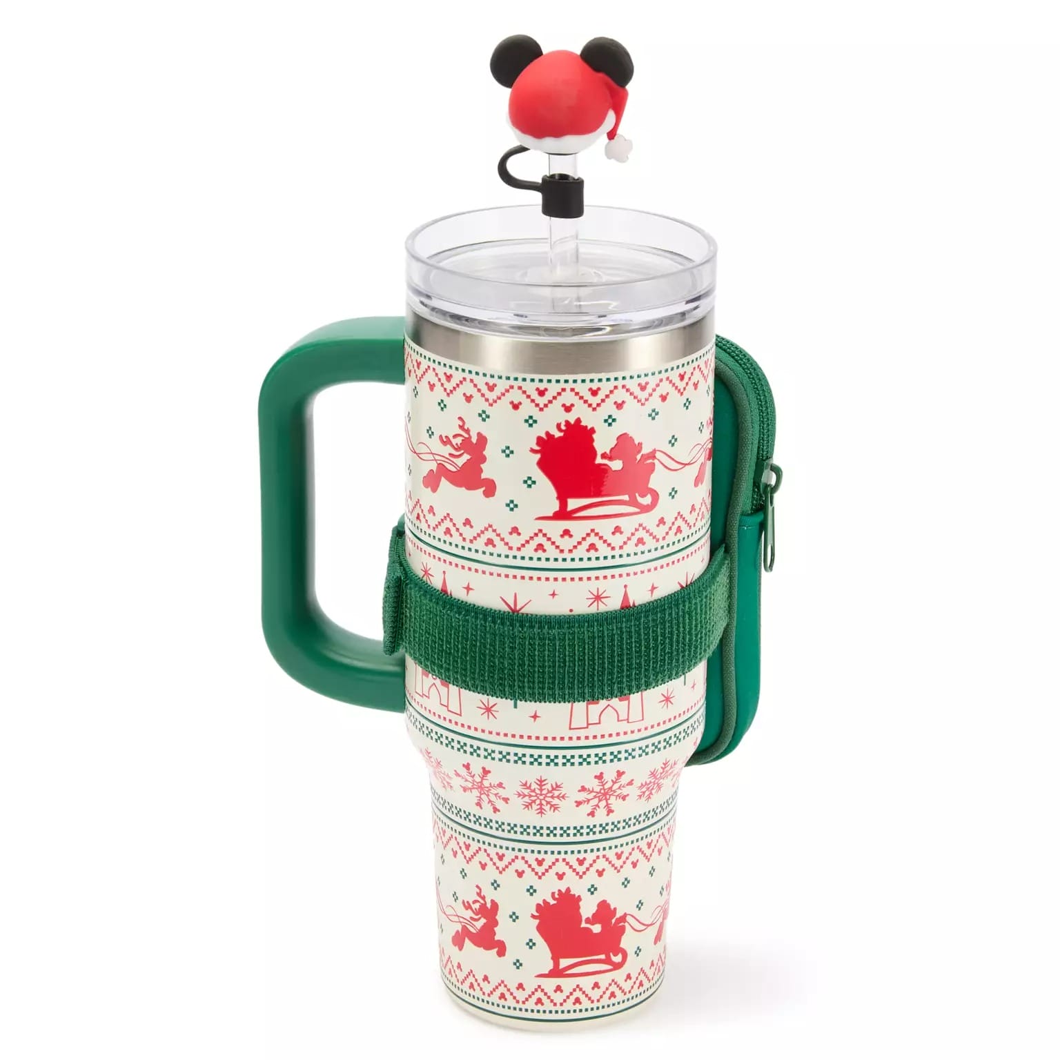 2025 Disney Store holiday tumbler with festive patterns, mouse ears hat topper, and side pouch—perfect Disney Christmas merchandise.