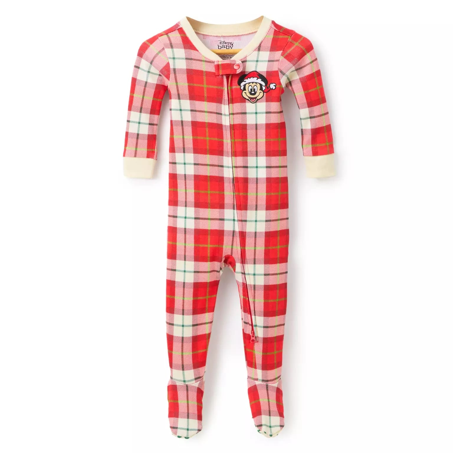 Red and white plaid baby onesie pajamas with footies and a Mickey Mouse patch, part of the 2025 Disney Christmas merchandise.
