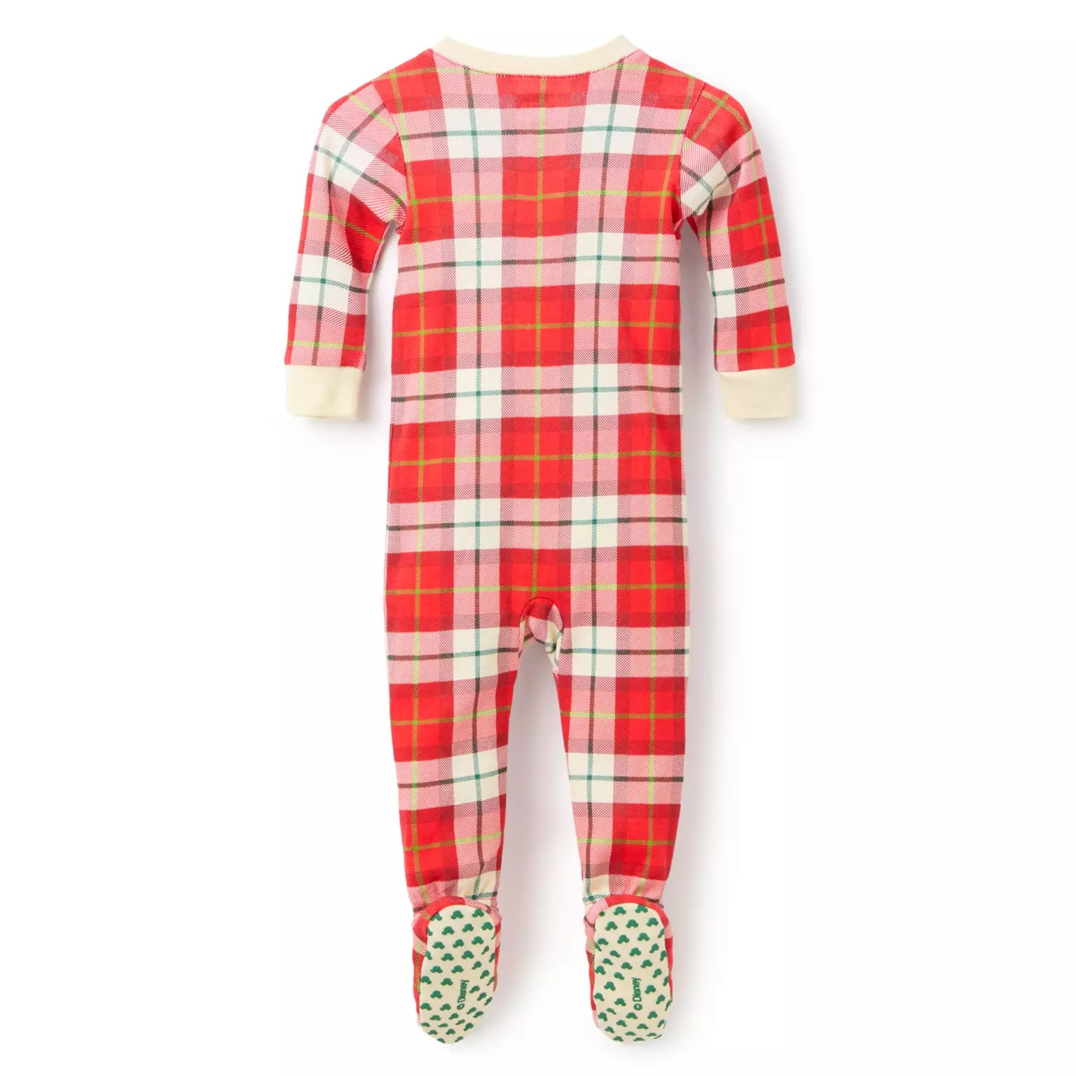 Red and white plaid baby sleeper from the Disney Store, featuring 2025 holiday tree soles and cream cuffs.